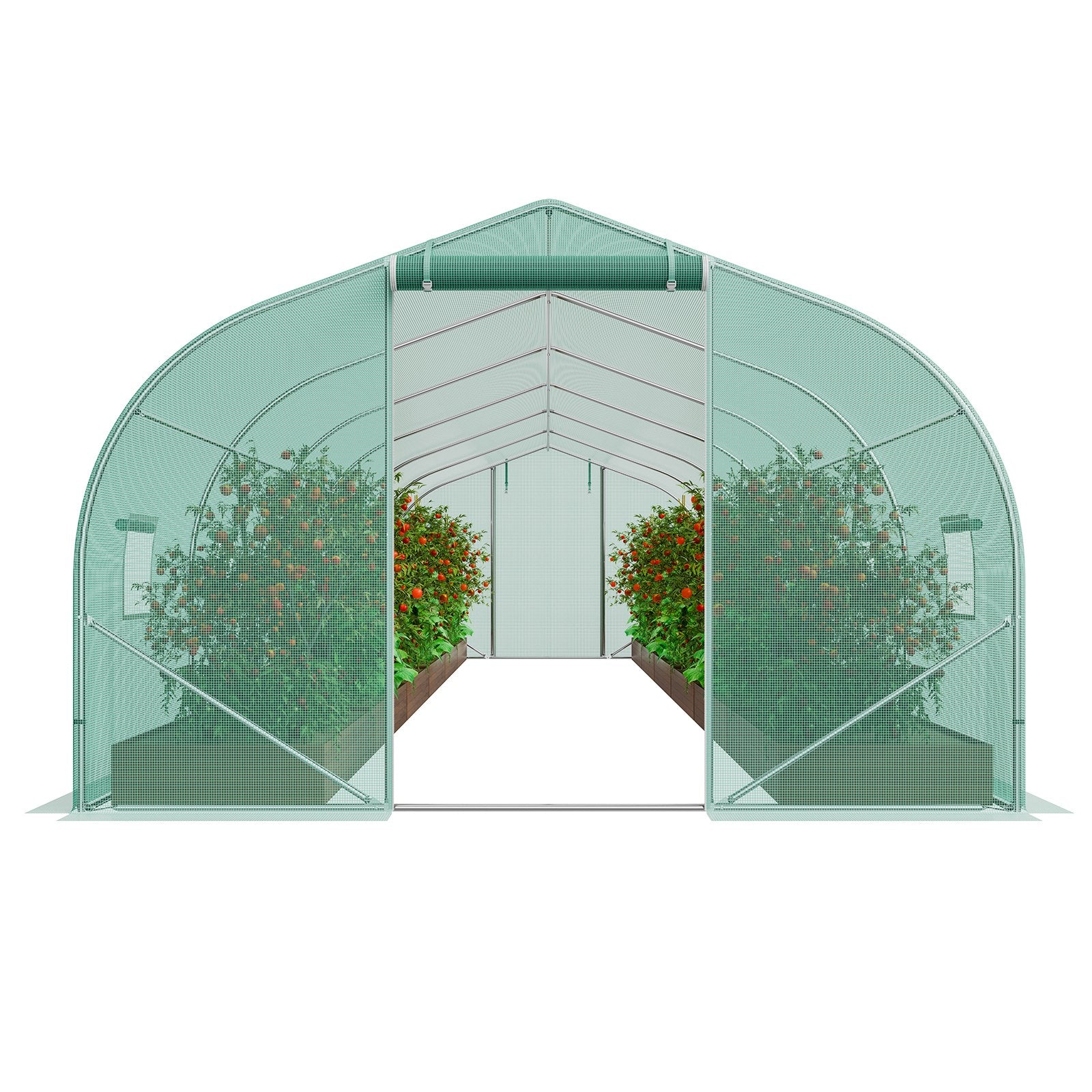 Walk-in Tunnel Greenhouse, 29.5x9.8x6.6 ft Hoop House Greenhouse Tunnel, Peaked Roof Plant Hot House with Galvanized Steel Frame, Green PE Cover, Roll-up Zipper Door and 12 Windows for Outdoor