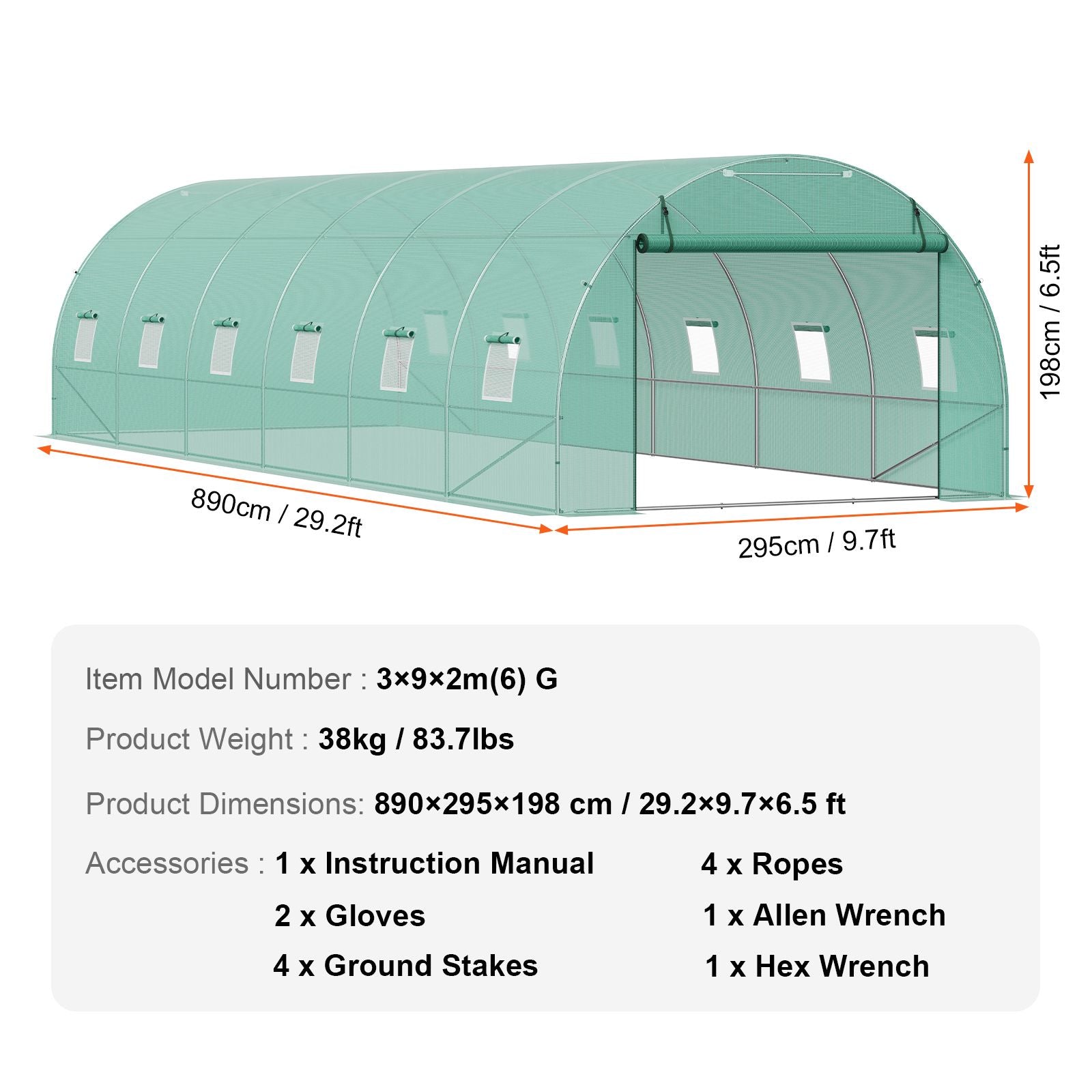 Walk-in Tunnel Greenhouse 29.2x9.7x6.5ft Galvanized Frame PE Cover Green