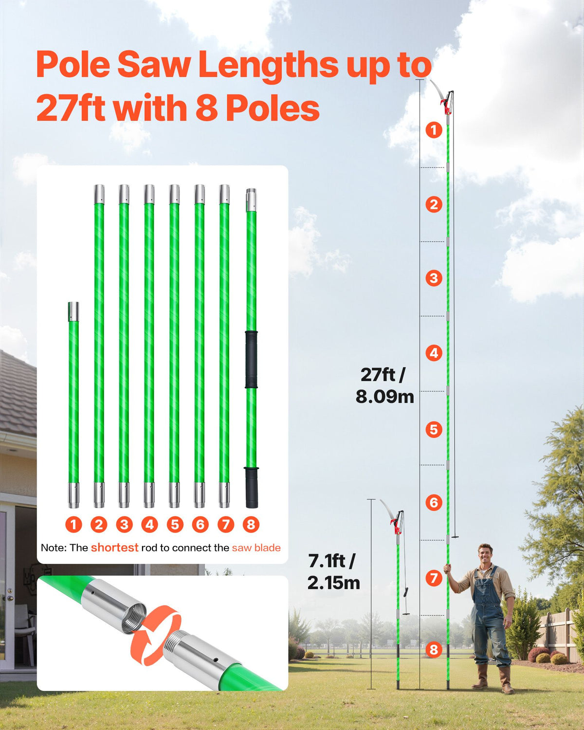 27ft Extendable Manual Pole Saw Tree Pruner 65Mn Steel Blade Fiberglass