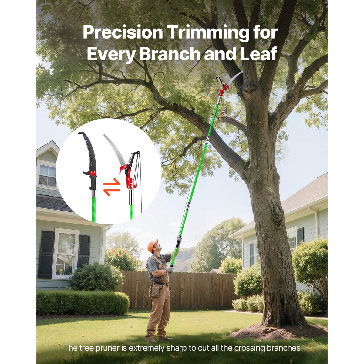 27ft Extendable Manual Pole Saw Tree Pruner 65Mn Steel Blade Fiberglass