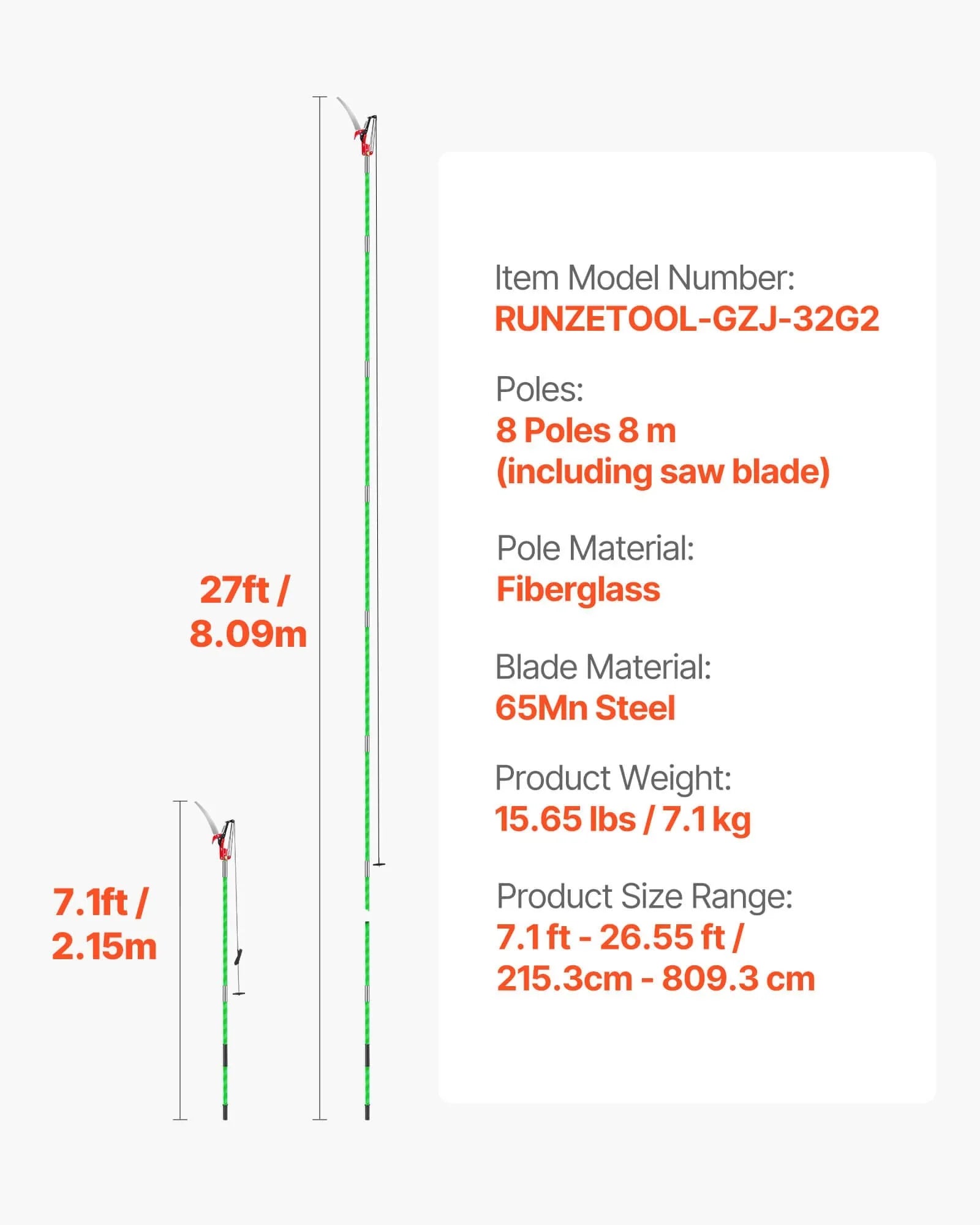 Manual Pole Saw, 118-809.3 cm Extendable Pole Tree Pruner with Scissors, Sharp 65Mn Steel Blade, Lightweight Fiberglass Handle Pole, for High Branch Trimming, Pruning Tool for Palms and Shrubs
