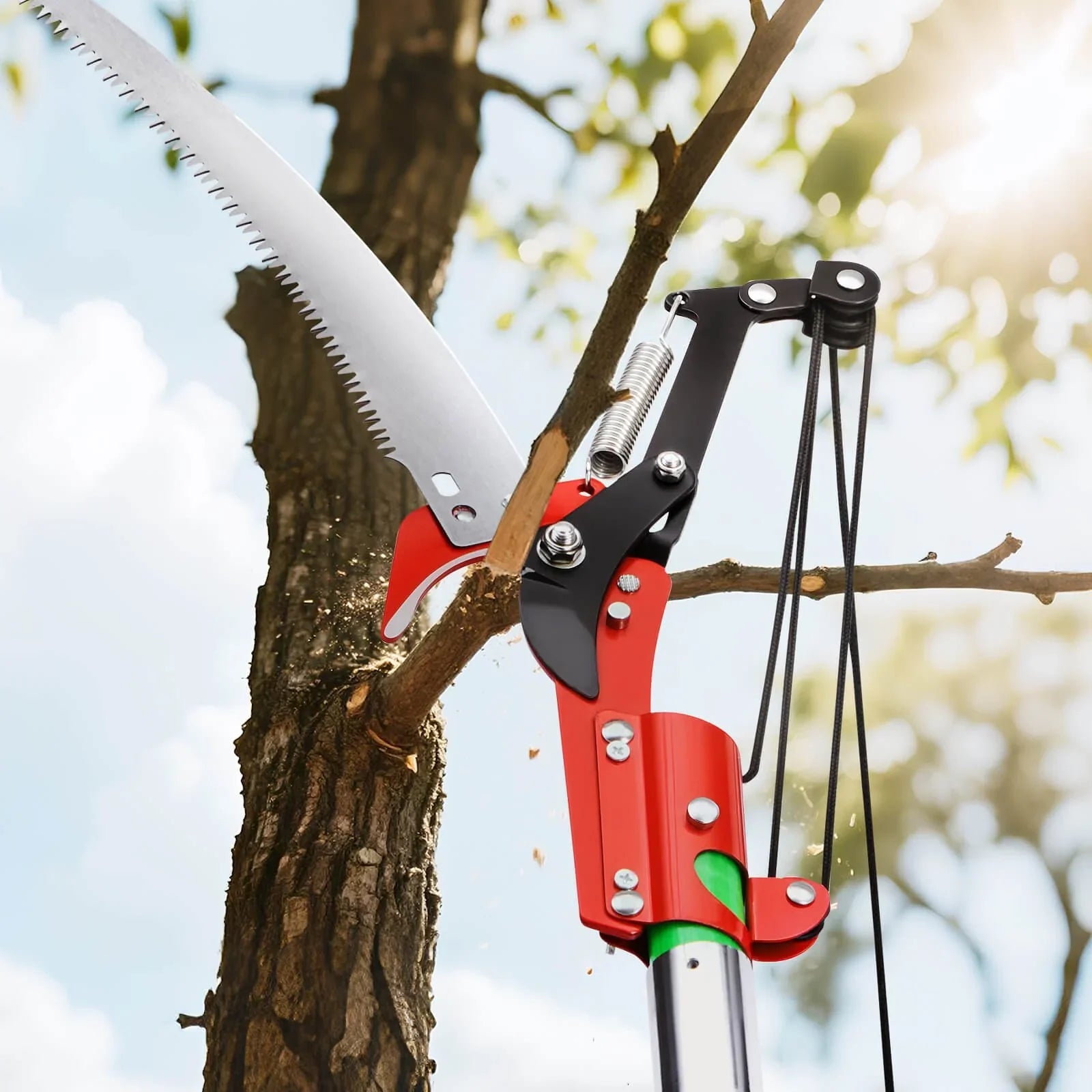Manual Pole Saw, 118-809.3 cm Extendable Pole Tree Pruner with Scissors, Sharp 65Mn Steel Blade, Lightweight Fiberglass Handle Pole, for High Branch Trimming, Pruning Tool for Palms and Shrubs