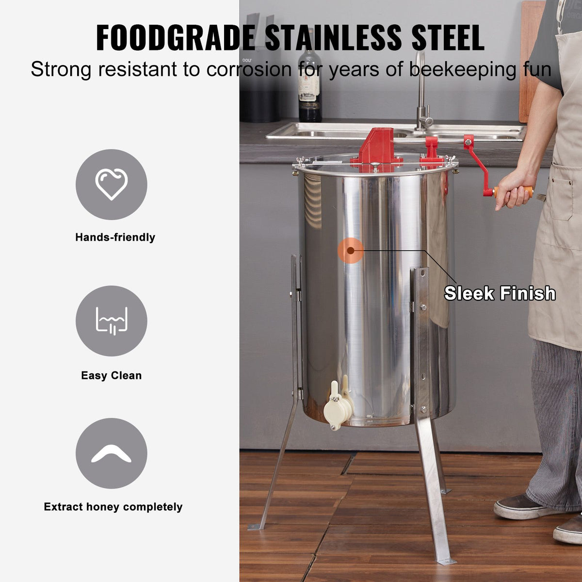 Manual Honey Extractor 3-Frame Stainless Steel Beekeeping Spinner, Kit