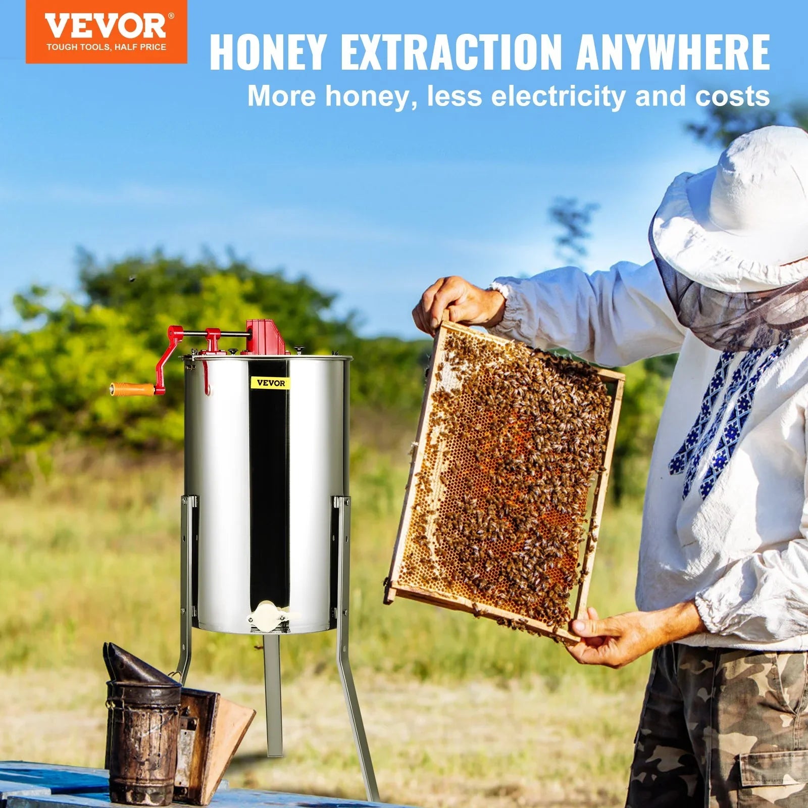 Manual Honey Extractor, 3 Frames Honey Spinner Extractor, Stainless Steel Beekeeping Extraction, Honeycomb Drum Spinner with Lid, Apiary Centrifuge Equipment with Height Adjustable Stand