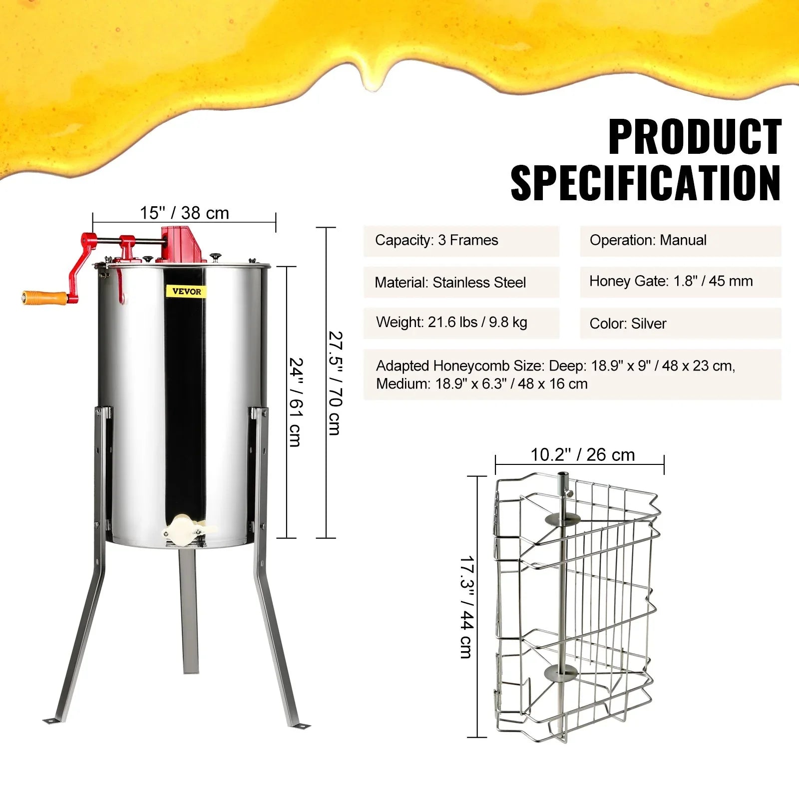 Manual Honey Extractor, 3 Frames Honey Spinner Extractor, Stainless Steel Beekeeping Extraction, Honeycomb Drum Spinner with Lid, Apiary Centrifuge Equipment with Height Adjustable Stand