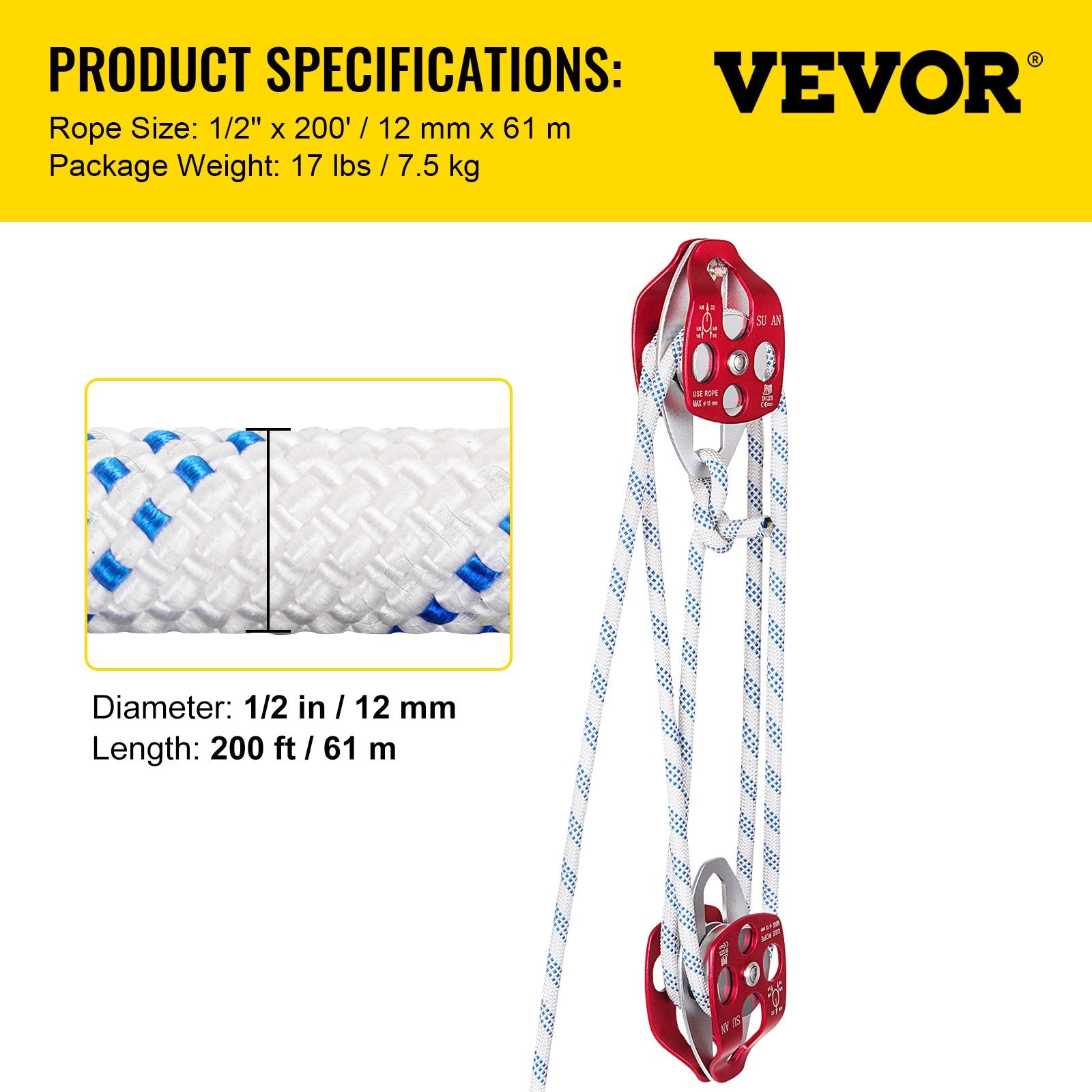 Twin Sheave Block and Tackle 1.09-1.27cm 3048-6096cm Twin Sheave Block with Braid Rope 30-35KN 2994-3495KGS Double Pulley Rigging (1/2