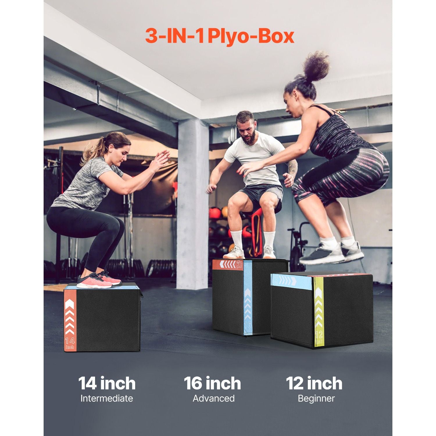 3 in 1 Plyometric Jump Box, 16/14/12 Inch Cotton Plyo Box, Platform & Jumping Agility Box, Anti-Slip Fitness Exercise Step Up Box for Home Gym Training, Conditioning Strength Training, Black