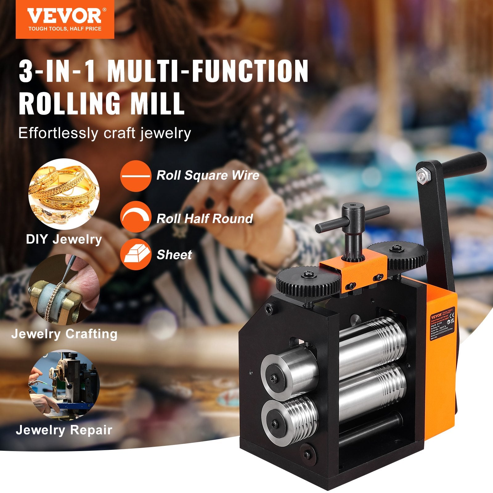Rolling Mill, 2.95"/75 mm Jewelry Rolling Mill Machine, 1: 2 Gear Ratio, 3-in-1 Multi-function Rolling Mill, 0.03-6.5mm Press Thickness for Metal Jewelry Making Sheet Square Wire Semicircle