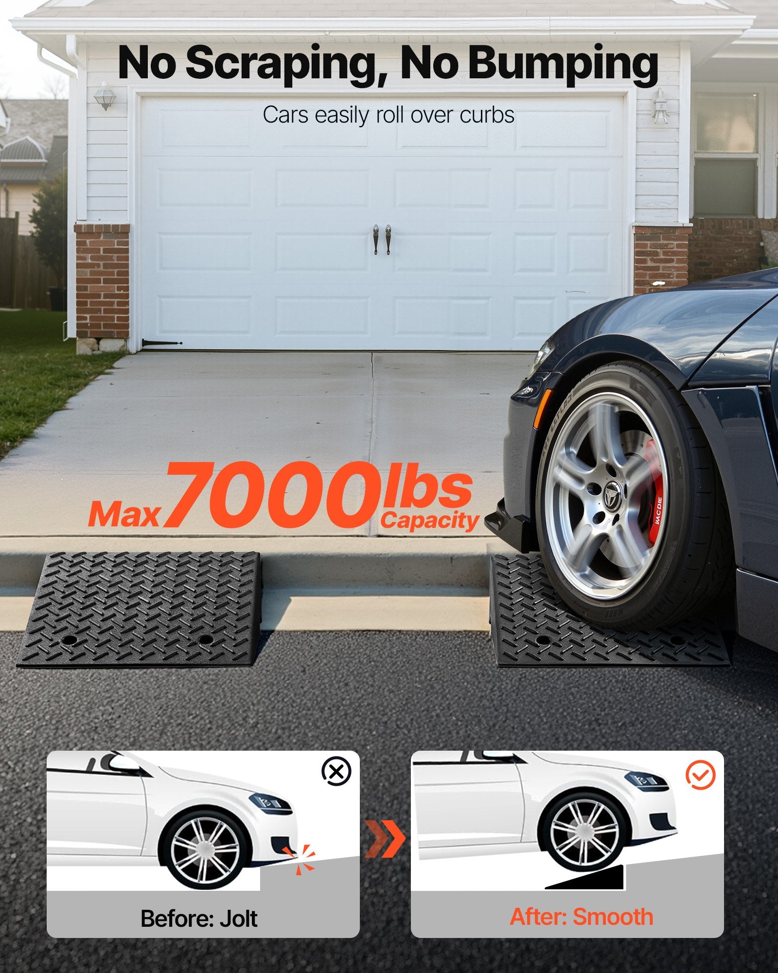 Driveway Curb Ramp, 3.175 Tons Load Capacity, 17.8 cm Rise Height Heavy Duty Curbside Bridge Ramp with Drainage Tank for Wheelchairs, Strollers, Motorcycles, Cars, Lawn Mowers & Trailers, 2 Pack