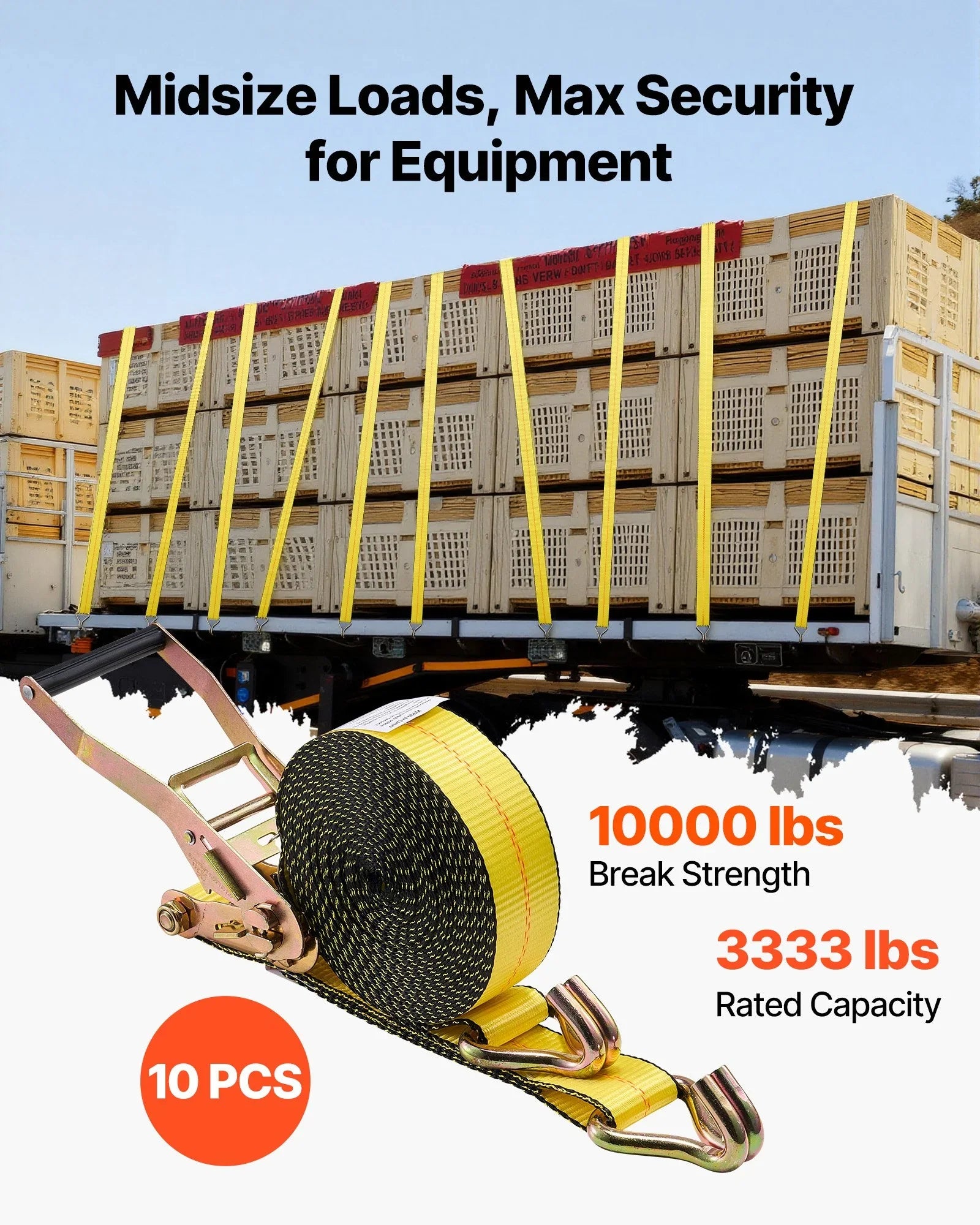 Ratchet Straps, 50.8 mm x 9.1 m, Heavy Duty Tie Down Straps with Double J Hook, 4536 kg Break Strength, Tie Down Ratcheting for Moving, Trailers, Motorcycles, Kayaks, Car Roof, 10 Pack