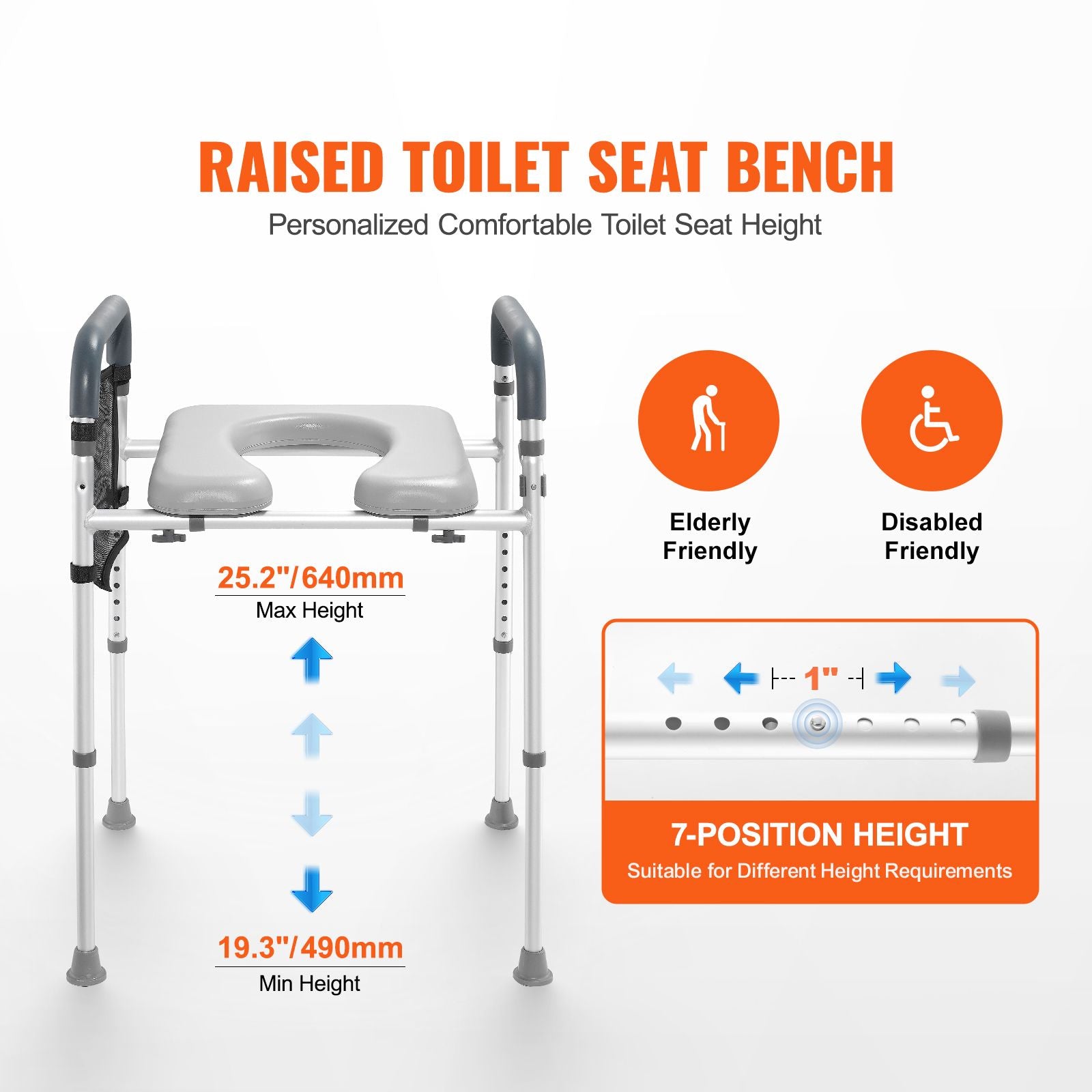 Raised Toilet Seat, 7-Position Height Adjustment 655-805 Mm, 158.7 kg Weight Capacity, with Comfort Padded Aluminum Frame, Universal Toilet Seat Riser, for Elderly, Handicap, Pregnant, Medical