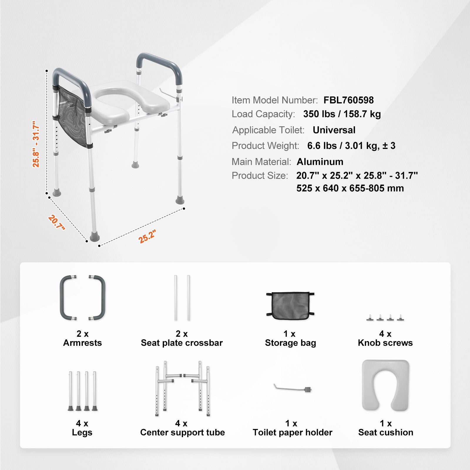 Raised Toilet Seat, 7-Position Height Adjustment 655-805 Mm, 158.7 kg Weight Capacity, with Comfort Padded Aluminum Frame, Universal Toilet Seat Riser, for Elderly, Handicap, Pregnant, Medical