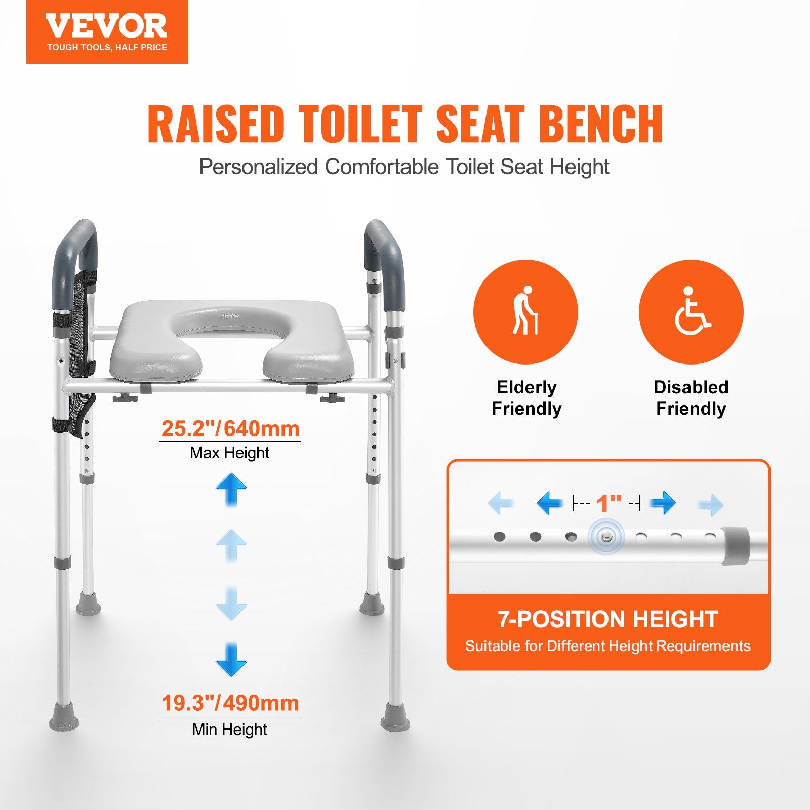 Raised Toilet Seat, 7-Position Height Adjustment 655-805 Mm, 158.7 kg Weight Capacity, with Comfort Padded Aluminum Frame, Universal Toilet Seat Riser, for Elderly, Handicap, Pregnant, Medical