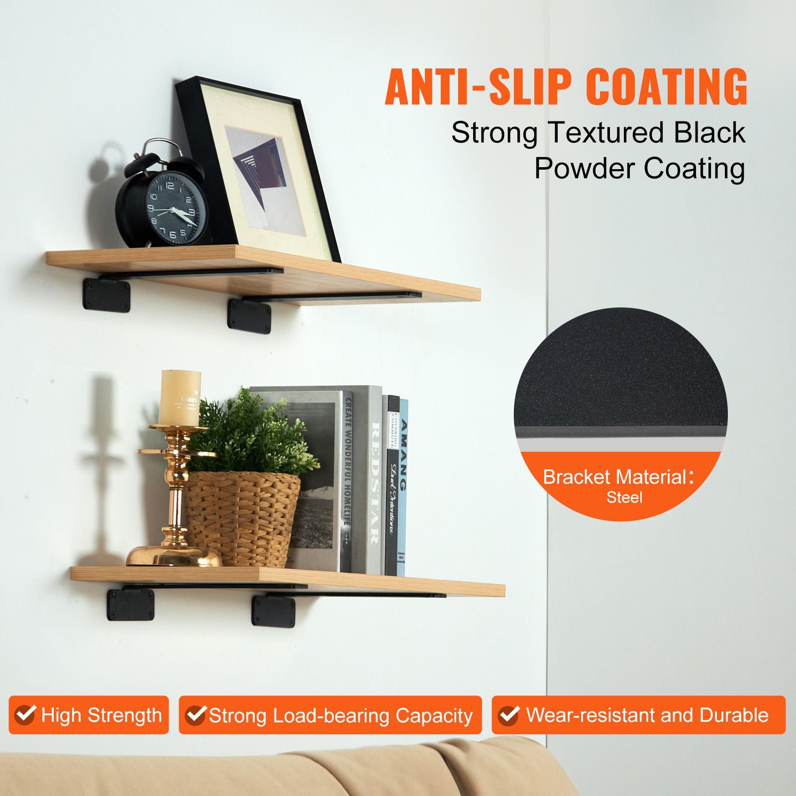 6PCS Heavy Duty Floating Shelf Brackets 16cm Black Steel Wall Mount