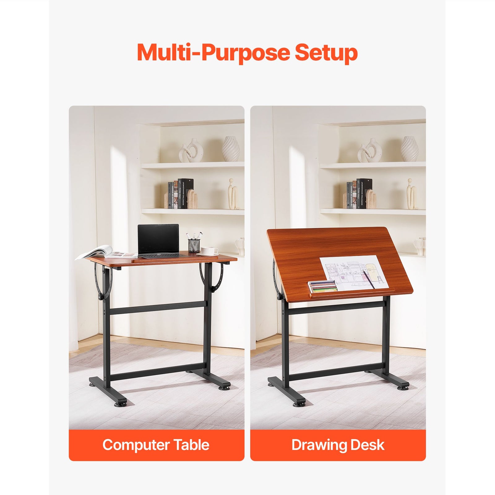Drafting Table Adjustable 0°–90° Tilt Wooden Drawing Desk with H-Frame