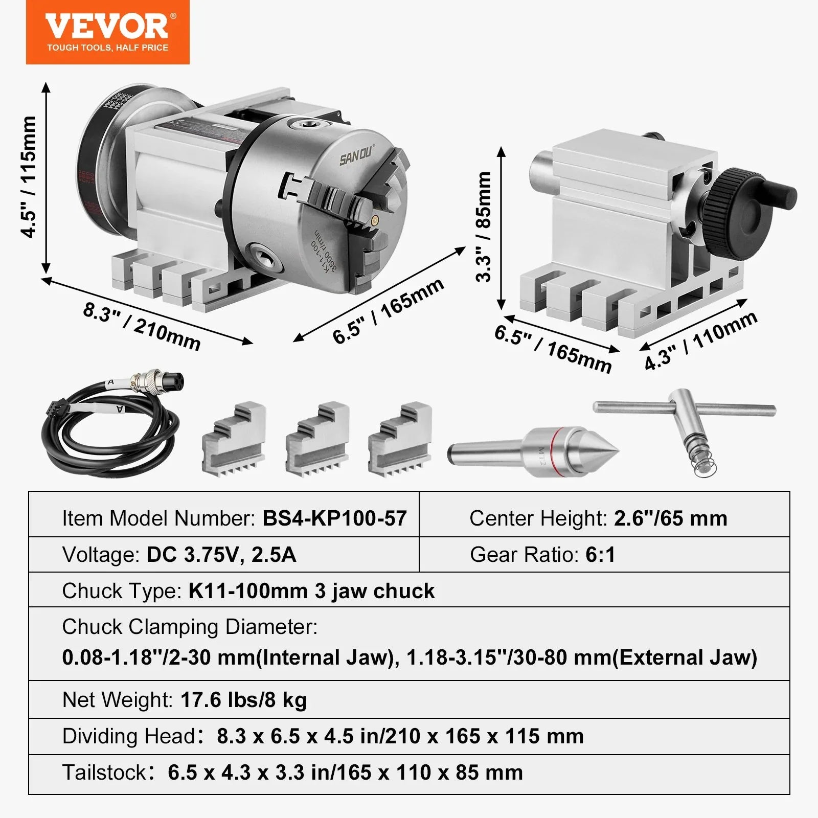 Dividing Head, K11-100mm 3-Jaw Chuck, CNC Router Milling Machine Rotational Axis 4th Axis A Axis Indexing Head, 65 mm Center Height MT2 Tailstock 6:1 Gear Ratio, Universal for Engraving