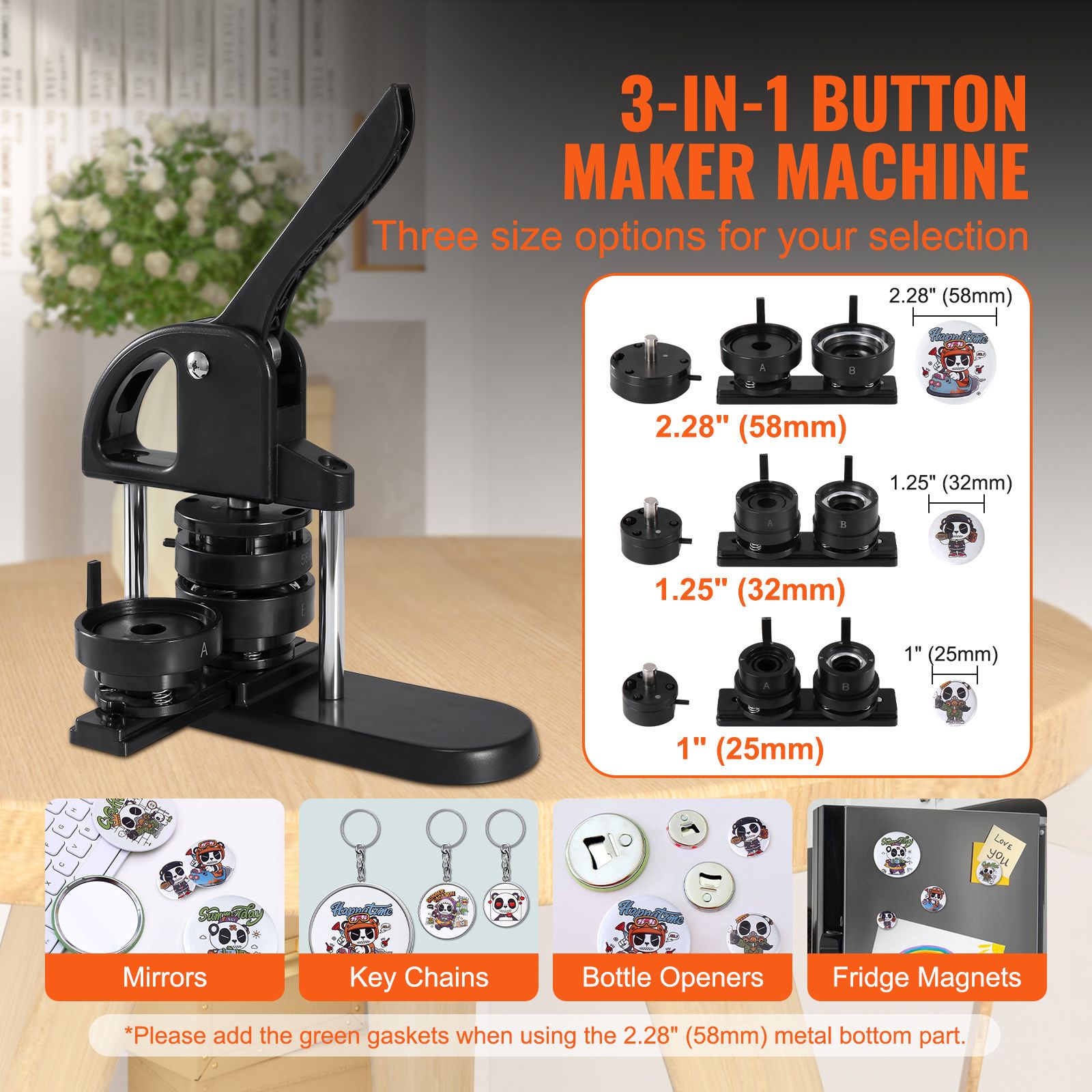 3-in-1 Button Maker Machine 25/32/58mm Badge Press Kit 300pcs Supplies