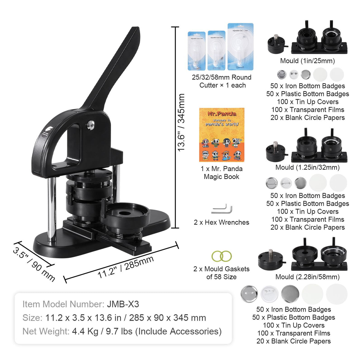 3-in-1 Button Maker Machine 25/32/58mm Badge Press Kit 300pcs Supplies
