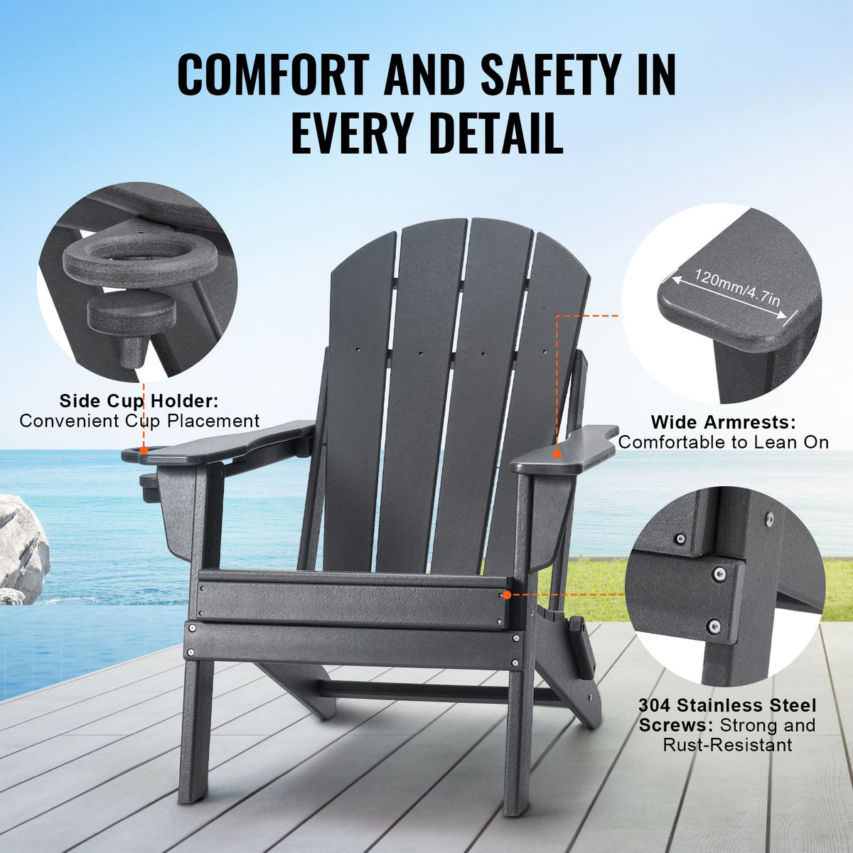 Adirondack Chair Plastic, Set of 2 All-Weather Portable Folding Fire Pit Chair, Outdoor Adirondack Patio Chair with Cup Holder, with Relaxing Arm Rest Ergonomic, for Garden, Backyard - Gray