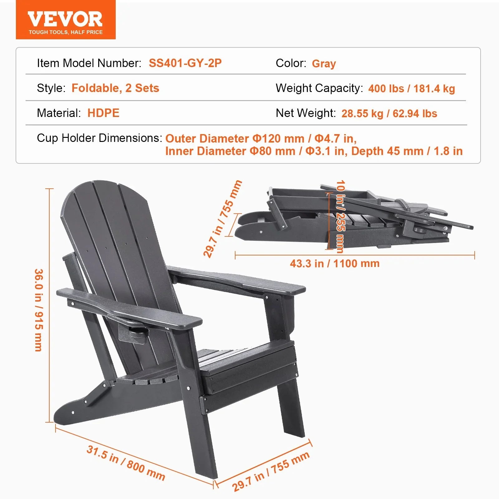 Adirondack Chair Plastic, Set of 2 All-Weather Portable Folding Fire Pit Chair, Outdoor Adirondack Patio Chair with Cup Holder, with Relaxing Arm Rest Ergonomic, for Garden, Backyard - Gray