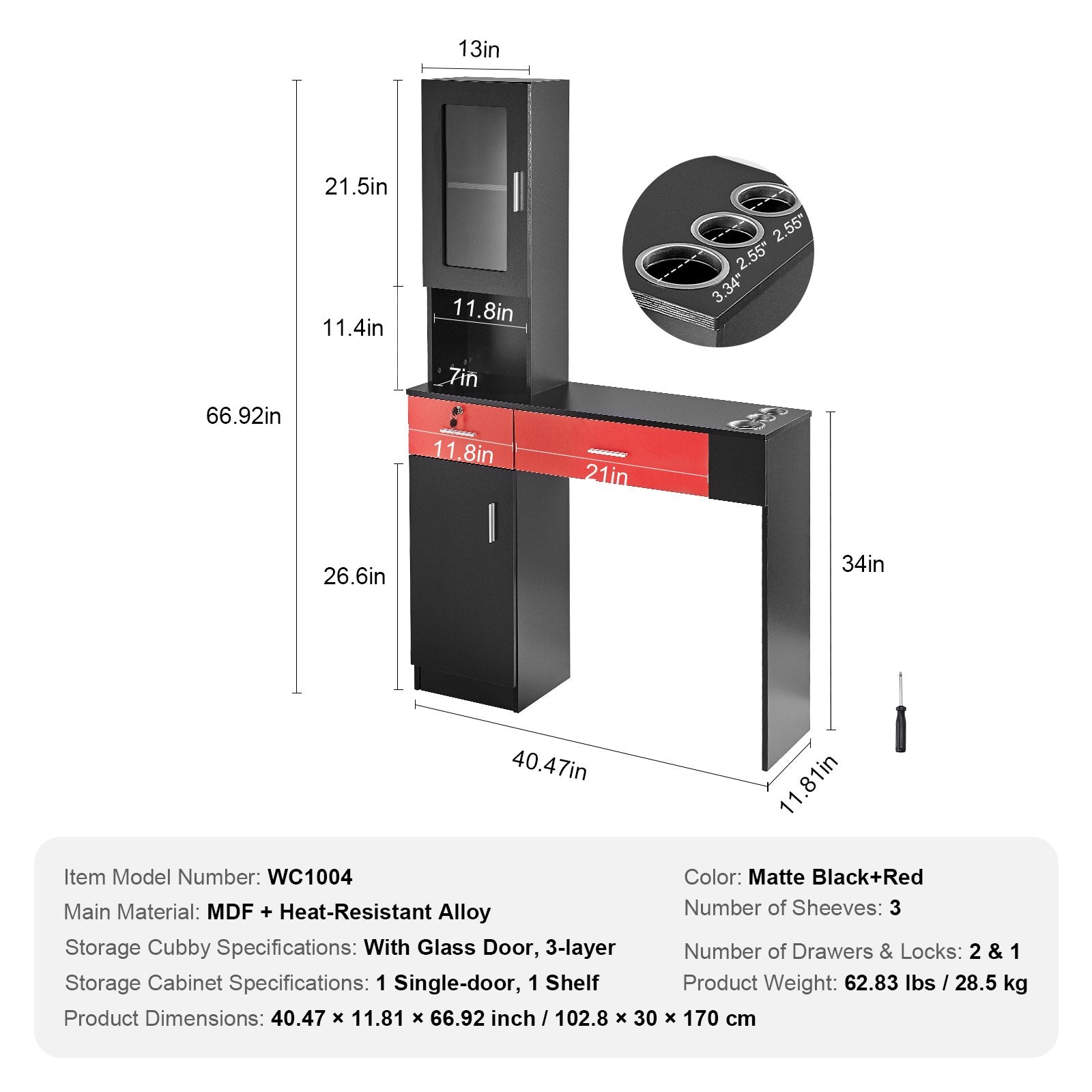 Salon Station, Wall Mount Barber Salon Station for Hair Stylist, Beauty Spa Furniture Set, 1 Storage Cabinet, 3 Cubbies and 2 Drawers(One Lockable), Black and Red