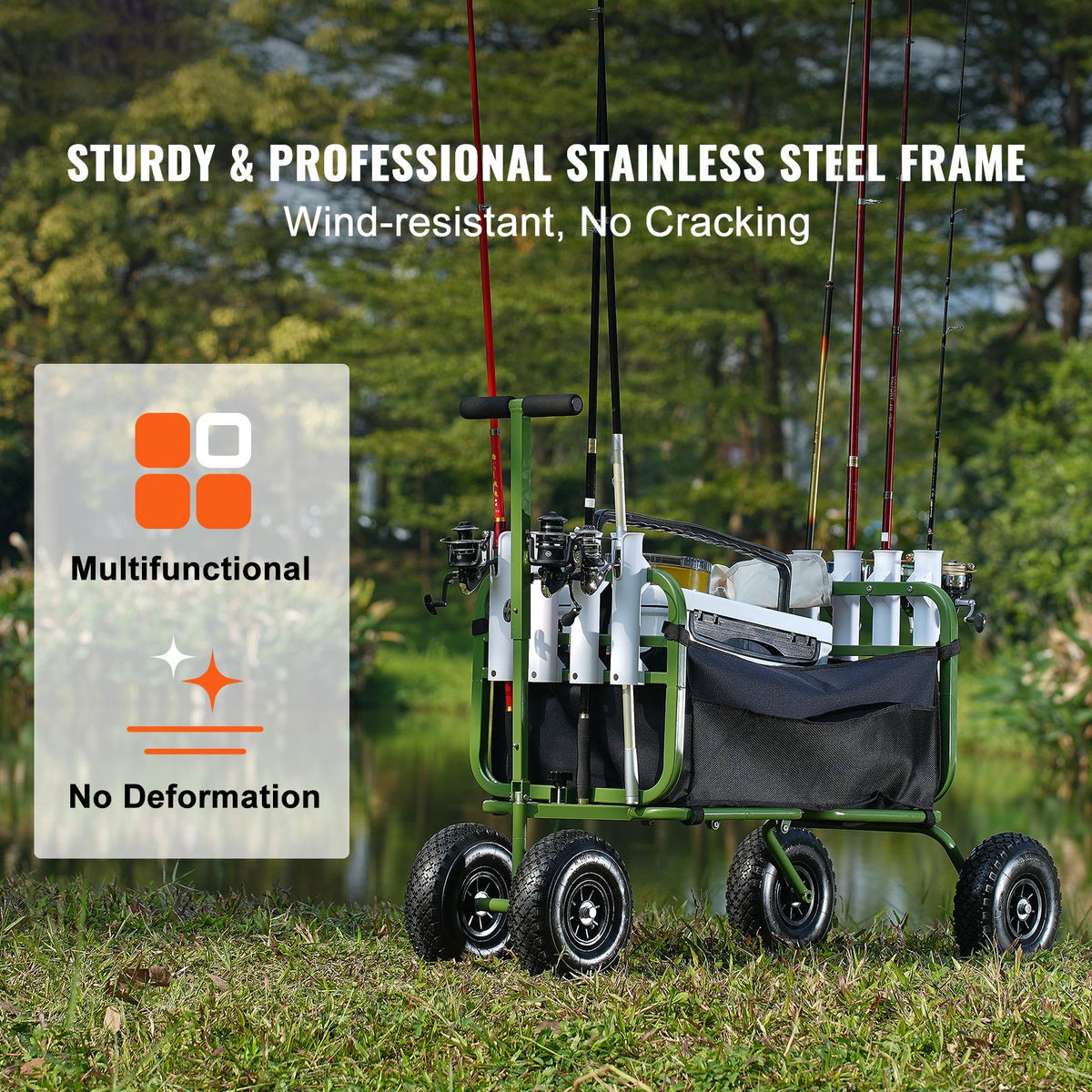 Beach Fishing Cart, 136kg Load Capacity, Foldable Fish and Marine Cart with Four 280mm Big Wheels Rubber Balloon Tires, Heavy-Duty Steel Pier Wagon Trolley with 8 Rod Holders for Picnic