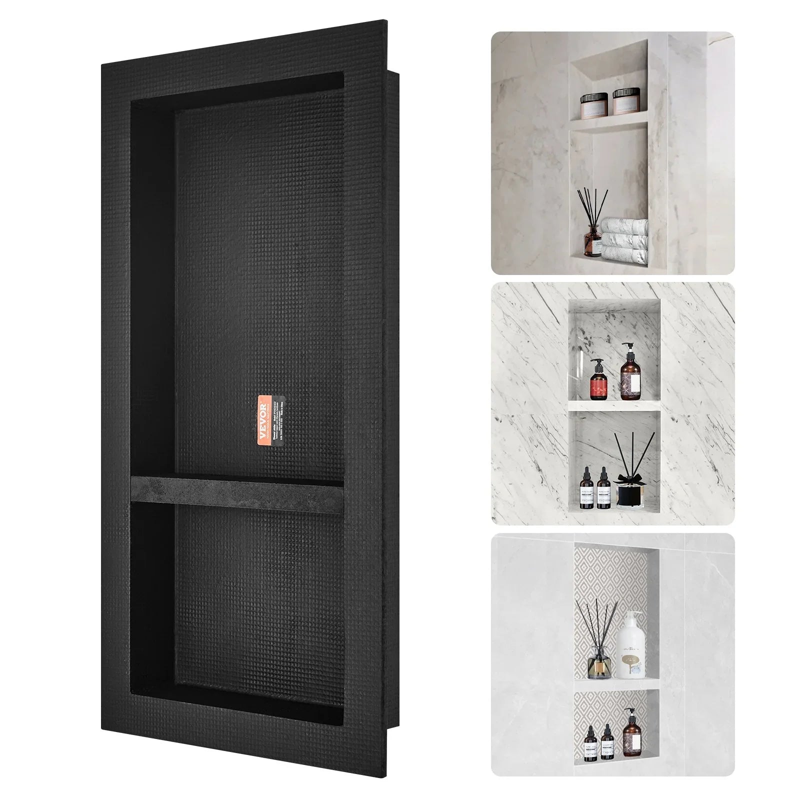 Shower Niche Ready for Tile 40.64 x 81.28 cm, Double Shelf Organizer, Square Corners Wall-inserted Niche Recessed, Sealed Protection Modern Soap Storage Niche for Shower Bathroom, Black