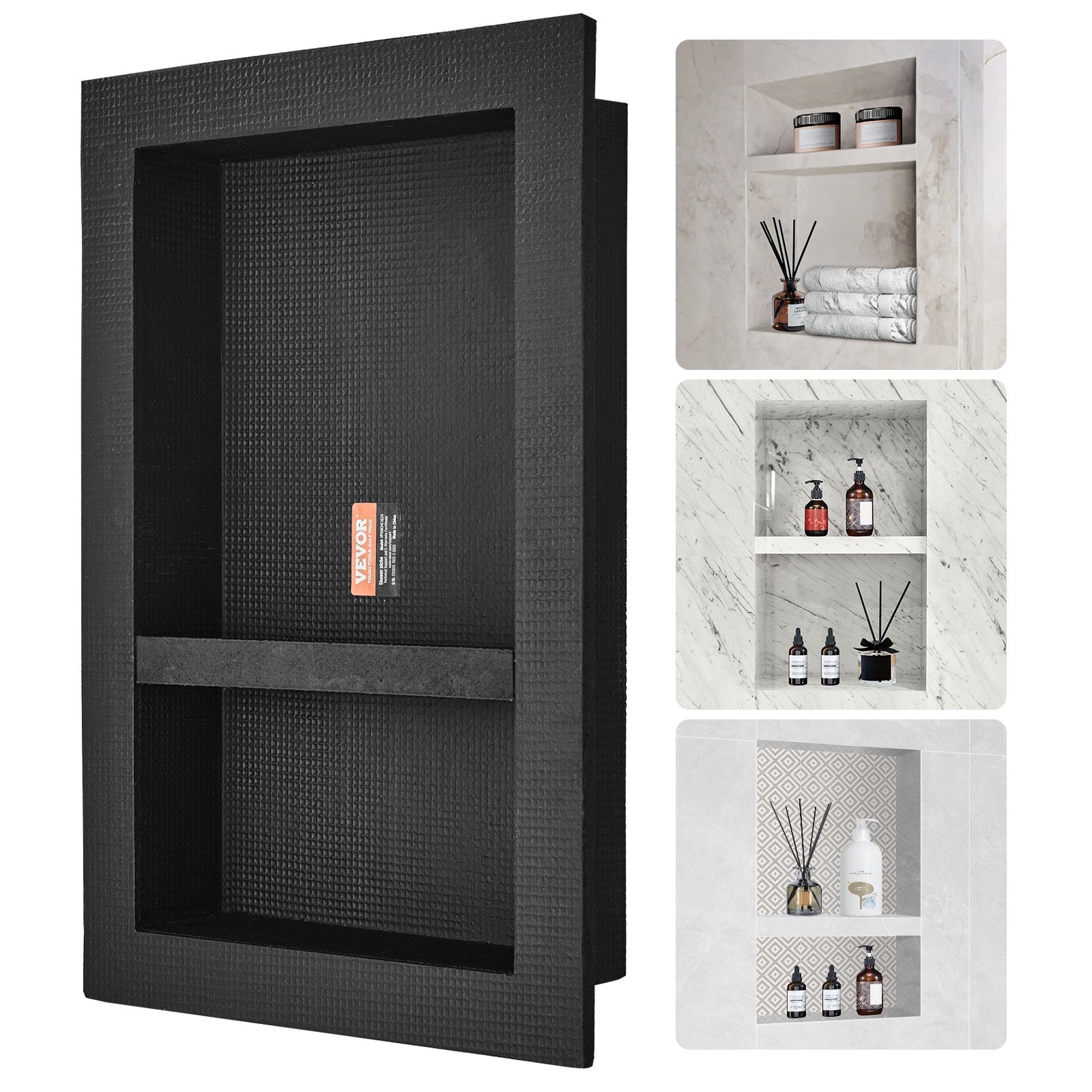 Shower Niche Ready for Tile 40.64 x 60.96 cm, 16 x 24 inch Double Shelf Organizer, Square Corners Wall-inserted Niche Recessed, Sealed Protection Modern Soap Storage Niche for Shower Bathroom, Black