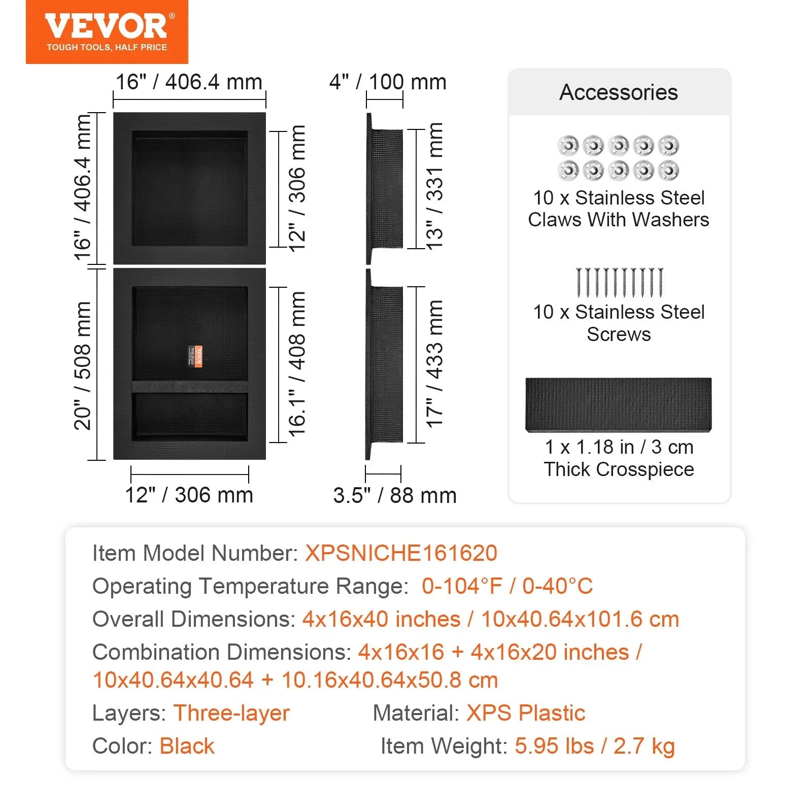 Shower Niche Ready for Tile 40.64x40.64cm & 40.64x50.8cm, Triple Shelf, Square Corners Wall-inserted Niche Recessed, Sealed Protection Modern Soap Storage Niche for Shower Bathroom, Black