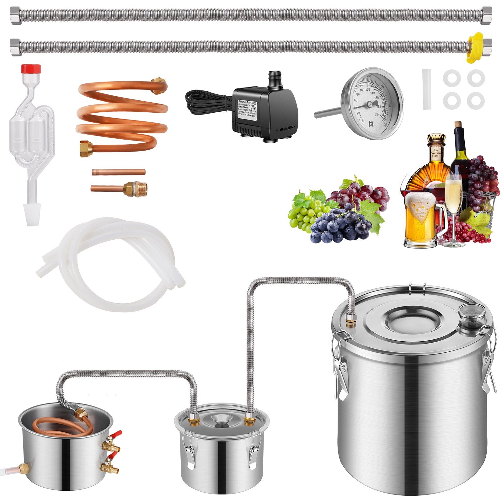 Alcohol Still, 5 Gal / 19 L Stainless Steel Water Alcohol Distiller with Copper Coil for Fast Cooling, Dual Condenser Distiller Kit with Secondary Distillation, for Wine Whisky Brandy, Silver