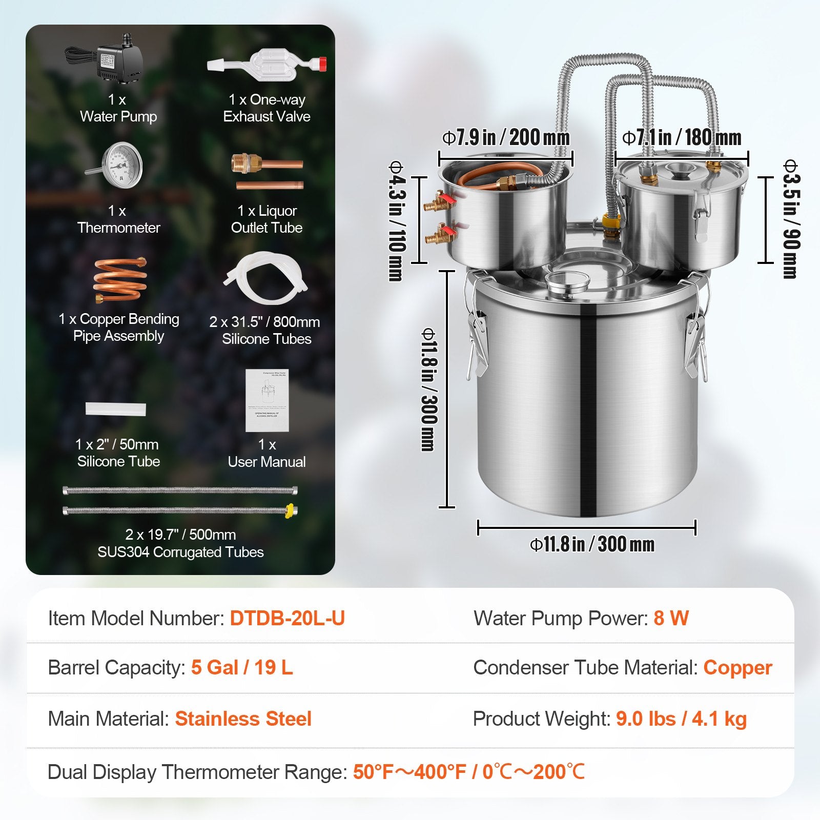 Alcohol Still, 5 Gal / 19 L Stainless Steel Water Alcohol Distiller with Copper Coil for Fast Cooling, Dual Condenser Distiller Kit with Secondary Distillation, for Wine Whisky Brandy, Silver