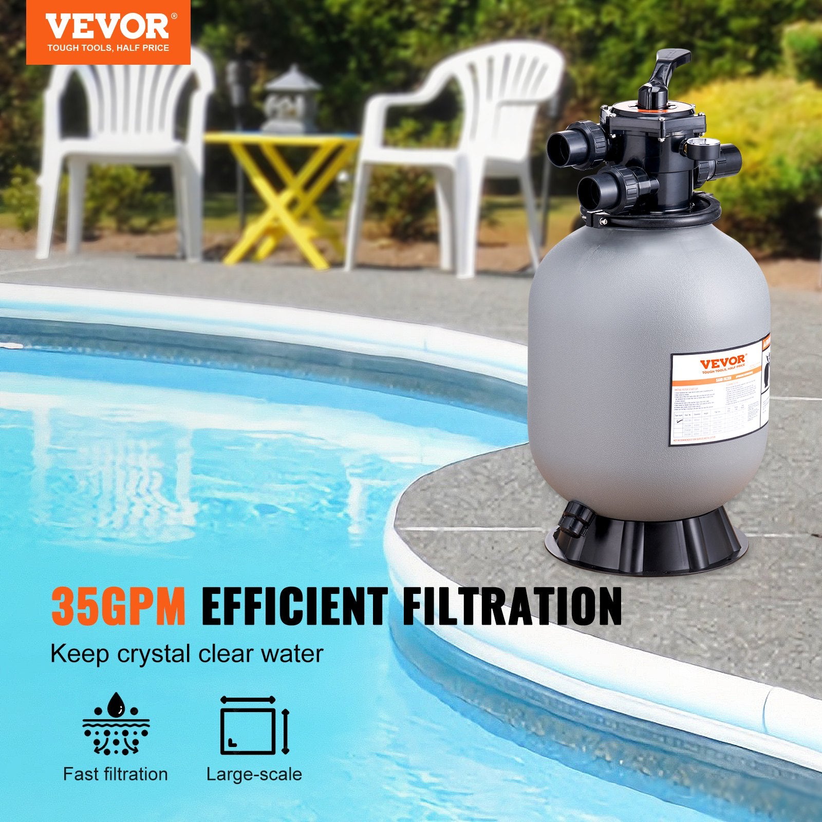 Sand Filter, 16-inch, 406.4mm, Up to 35 GPM Flow Rate, Above Inground Swimming Pool Sand Filter System with 7-Way Multi-Port Valve, Filter, Backwash, Rinse, Recirculate, Waste, Winter, Closed Functions