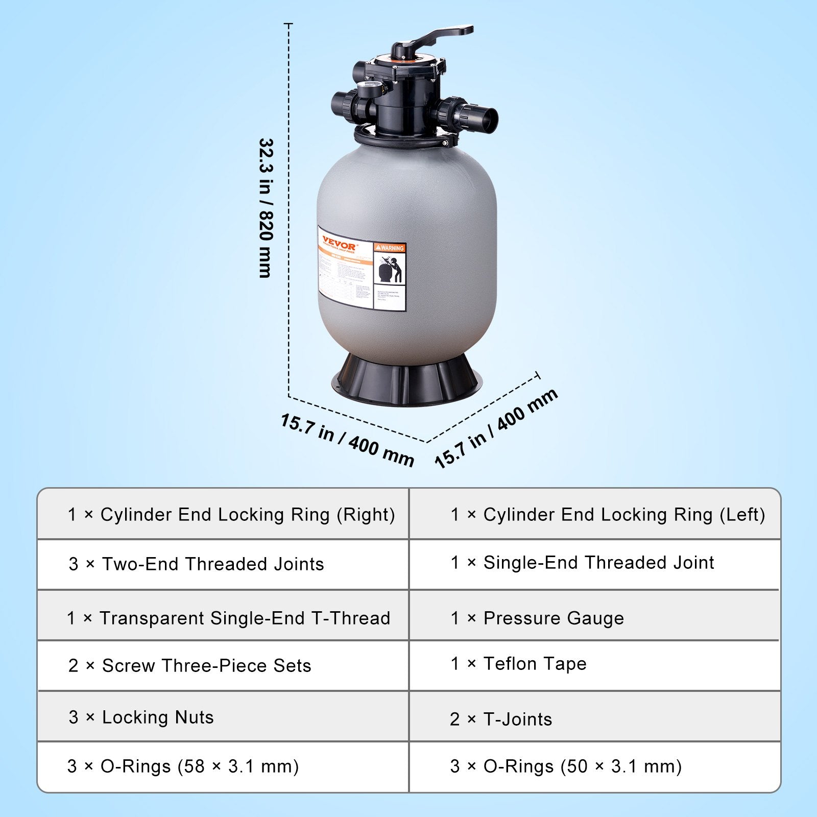 Sand Filter, 16-inch, 406.4mm, Up to 35 GPM Flow Rate, Above Inground Swimming Pool Sand Filter System with 7-Way Multi-Port Valve, Filter, Backwash, Rinse, Recirculate, Waste, Winter, Closed Functions