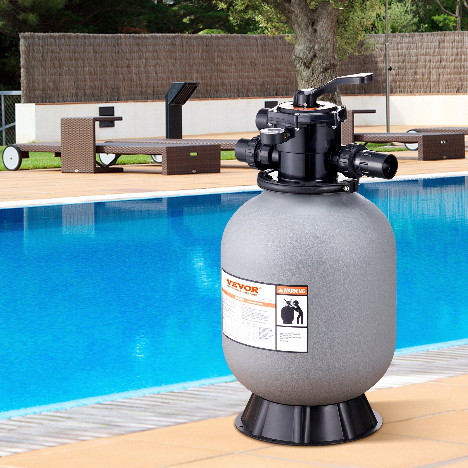 Sand Filter, 16-inch, 406.4mm, Up to 35 GPM Flow Rate, Above Inground Swimming Pool Sand Filter System with 7-Way Multi-Port Valve, Filter, Backwash, Rinse, Recirculate, Waste, Winter, Closed Functions