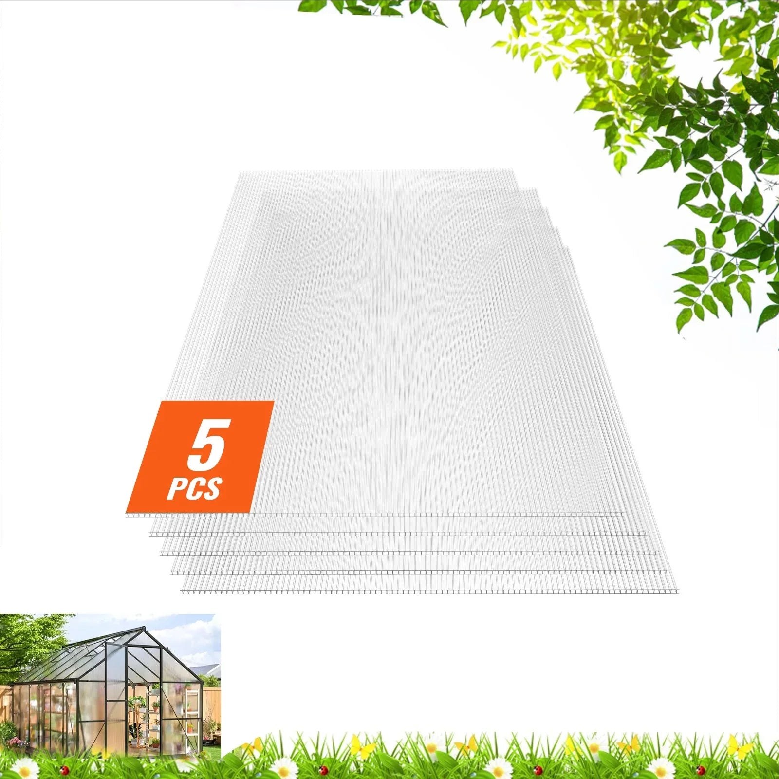 5 Pack Polycarbonate Greenhouse Panels 2' X 4' X 0.32'' Roof Sheets