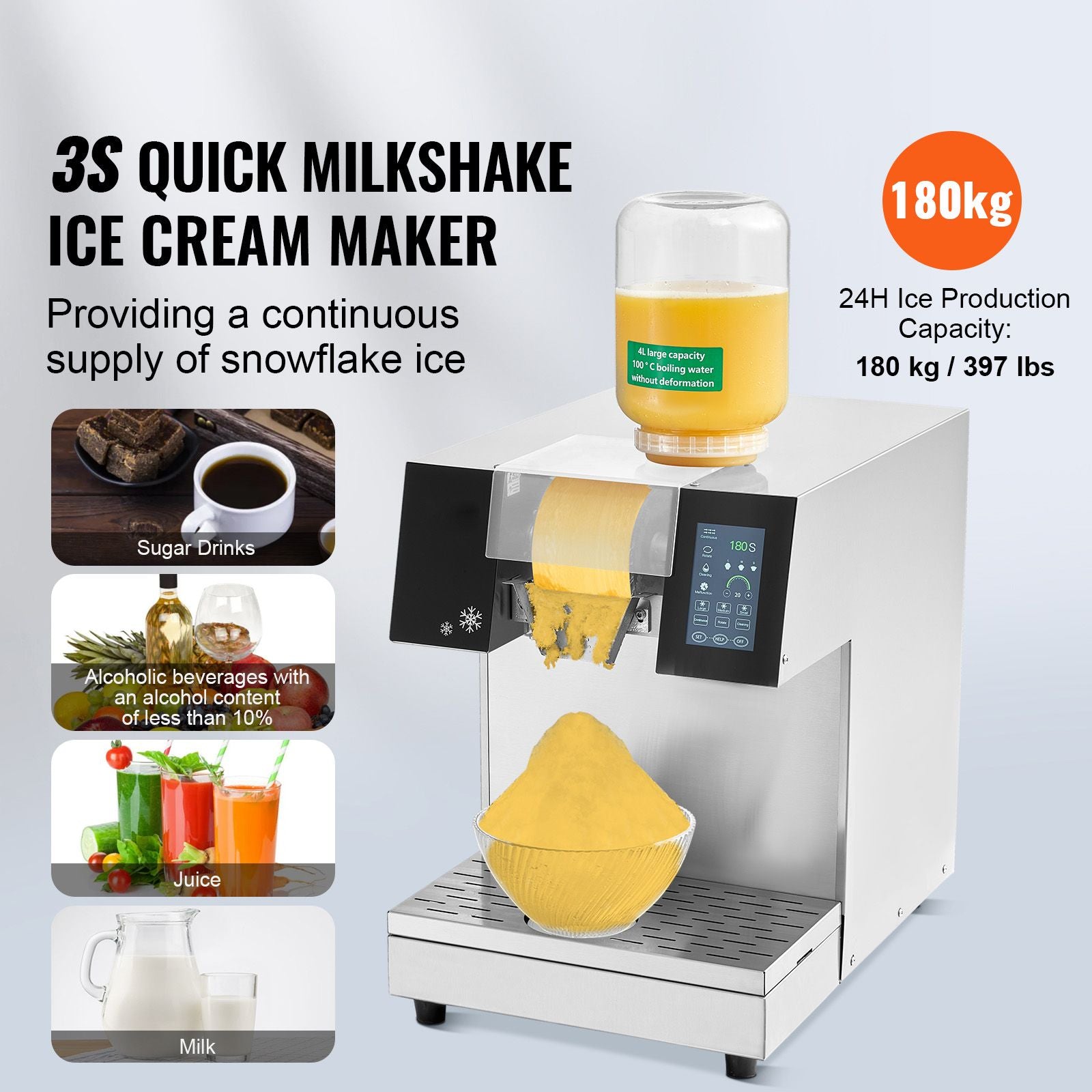 Commercial Snowflake Ice Machine, 397LBS/24H Snowflake Ice Maker, Stainless Steel Ice Shaver Machine, Electric Snow Cone Maker, Liquid Cooling System for Rapid Heat Dissipation, Ice Cream