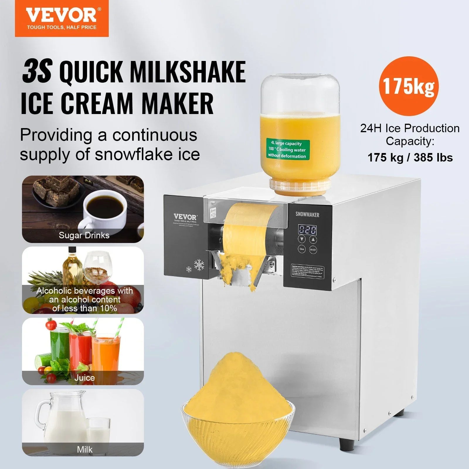 Commercial Snowflake Ice Machine, 385LBS/24H Snowflake Ice Maker, Stainless Steel Ice Shaver Machine, Electric Snow Cone Maker, Liquid Cooling System for Rapid Heat Dissipation, Ice Cream