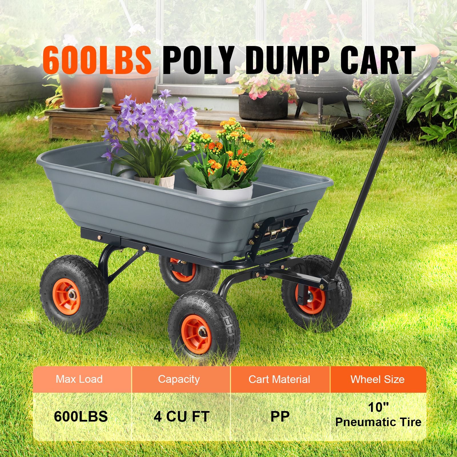 Dump Cart, Poly Garden Dump Cart with Easy to Assemble Steel Frame, Dump Wagon with 2-in-1 Convertible Handle, Utility Wheelbarrow 272kg/ 600lbs Capacity, 25.5cm/ 10 inch Tires