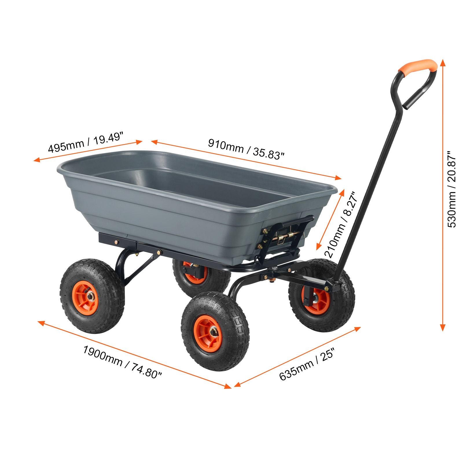 Dump Cart, Poly Garden Dump Cart with Easy to Assemble Steel Frame, Dump Wagon with 2-in-1 Convertible Handle, Utility Wheelbarrow 272kg/ 600lbs Capacity, 25.5cm/ 10 inch Tires