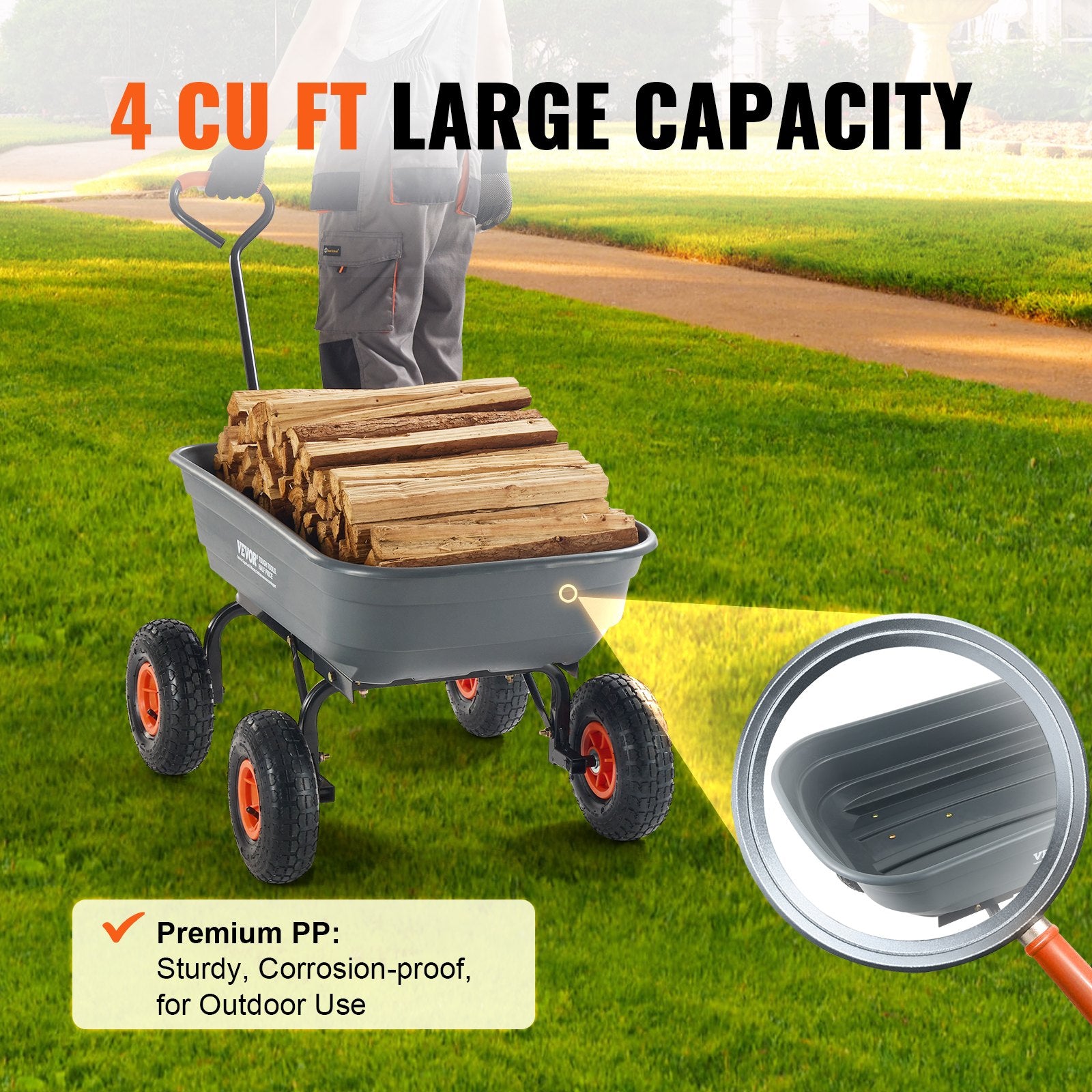 Dump Cart, Poly Garden Dump Cart with Easy to Assemble Steel Frame, Dump Wagon with 2-in-1 Convertible Handle, Utility Wheelbarrow 272kg/ 600lbs Capacity, 25.5cm/ 10 inch Tires