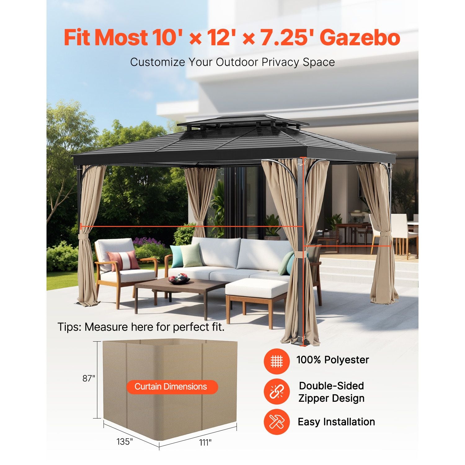 Gazebo Curtains Outdoor, 12' x 10' x 7.3' Gazebos, 4-Panel Sidewall Gazebo Privacy Curtains with Zippers, Outdoor Curtain Replacement for Patio Canopy, Only Curtain, Khaki