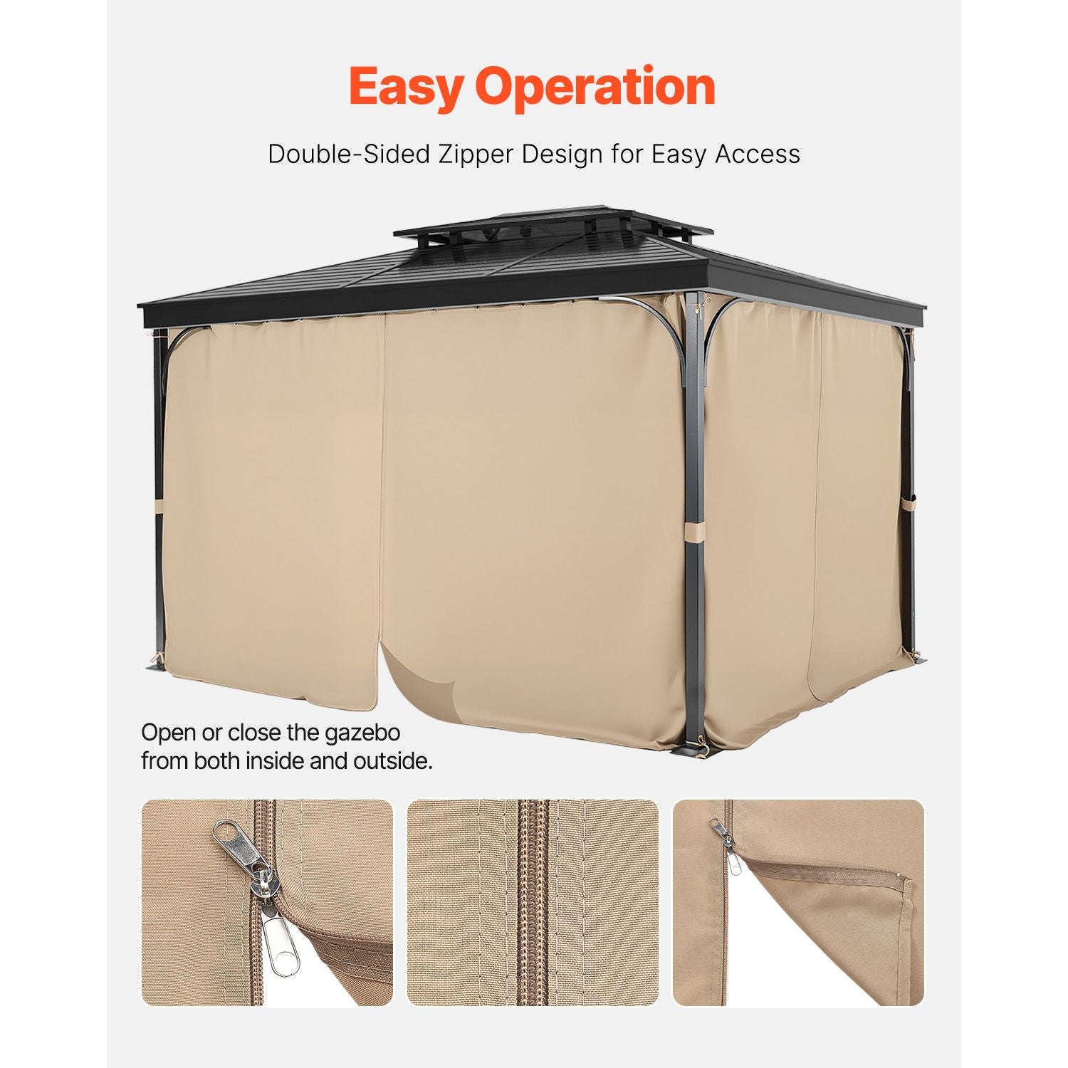 Gazebo Curtains Outdoor, 12' x 10' x 7.3' Gazebos, 4-Panel Sidewall Gazebo Privacy Curtains with Zippers, Outdoor Curtain Replacement for Patio Canopy, Only Curtain, Khaki
