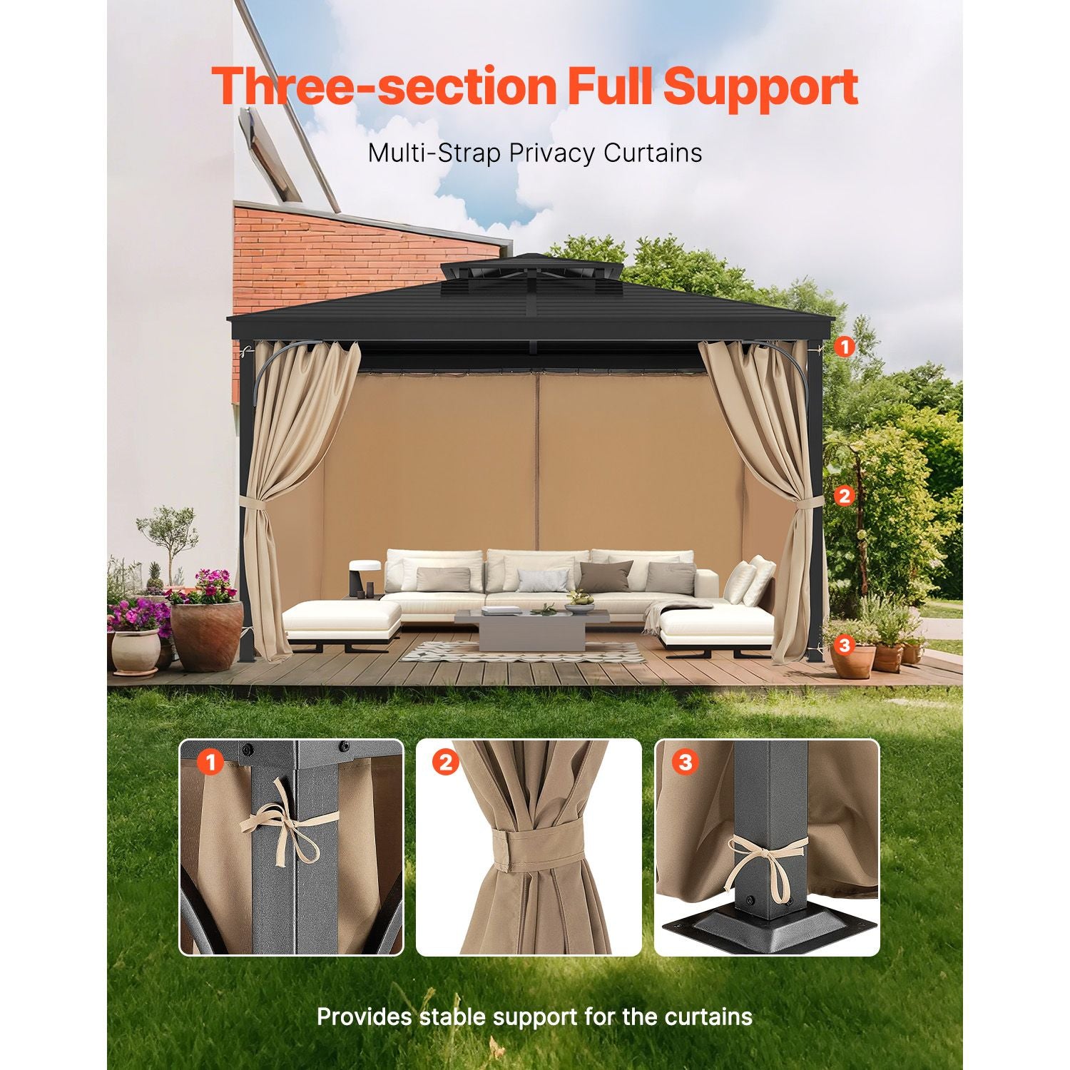 Gazebo Curtains Outdoor, 12' x 10' x 7.3' Gazebos, 4-Panel Sidewall Gazebo Privacy Curtains with Zippers, Outdoor Curtain Replacement for Patio Canopy, Only Curtain, Khaki