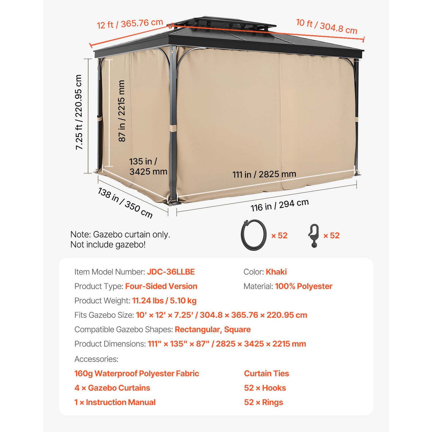 Gazebo Curtains Outdoor, 12' x 10' x 7.3' Gazebos, 4-Panel Sidewall Gazebo Privacy Curtains with Zippers, Outdoor Curtain Replacement for Patio Canopy, Only Curtain, Khaki