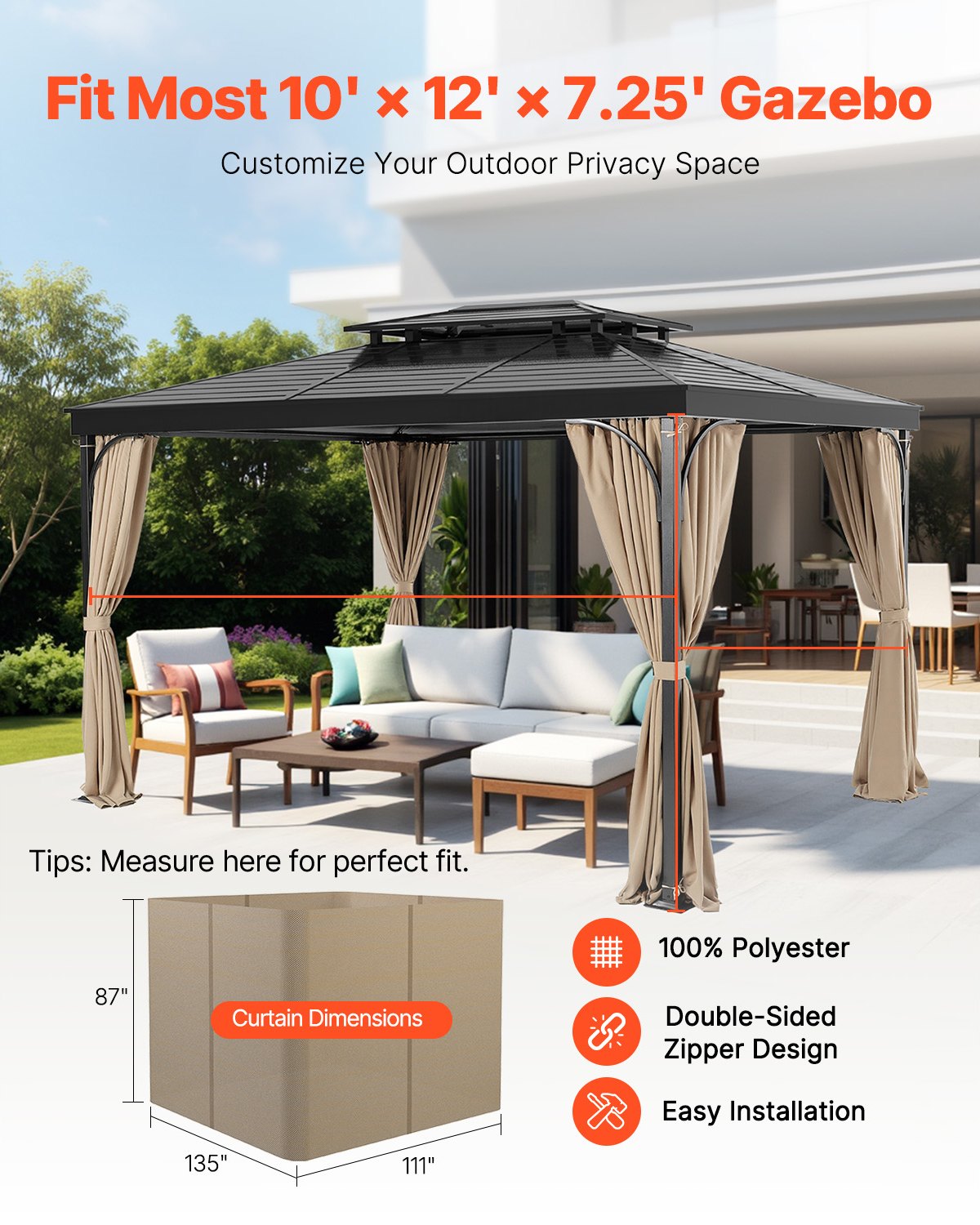 Gazebo Curtains Outdoor, 12' x 10' x 7.3' Gazebos, 4-Panel Sidewall Gazebo Privacy Curtains with Zippers, Outdoor Curtain Replacement for Patio Canopy, Only Curtain, Khaki