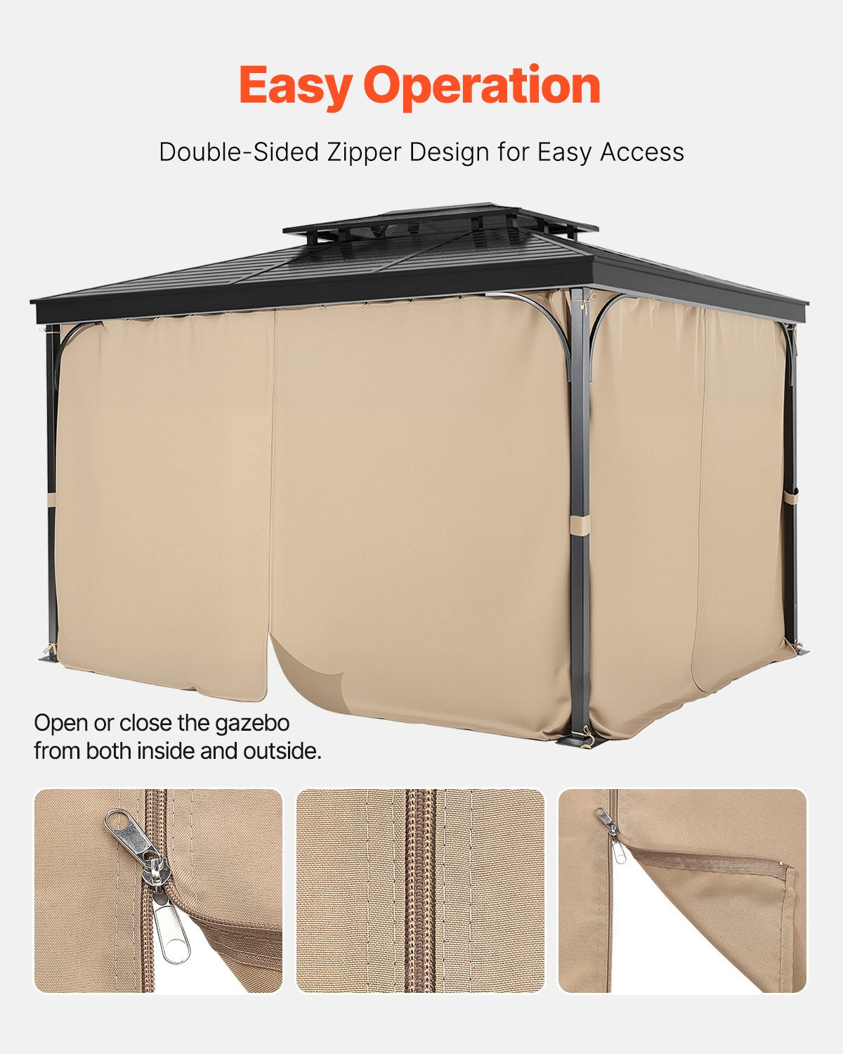 Gazebo Curtains Outdoor, 12' x 10' x 7.3' Gazebos, 4-Panel Sidewall Gazebo Privacy Curtains with Zippers, Outdoor Curtain Replacement for Patio Canopy, Only Curtain, Khaki