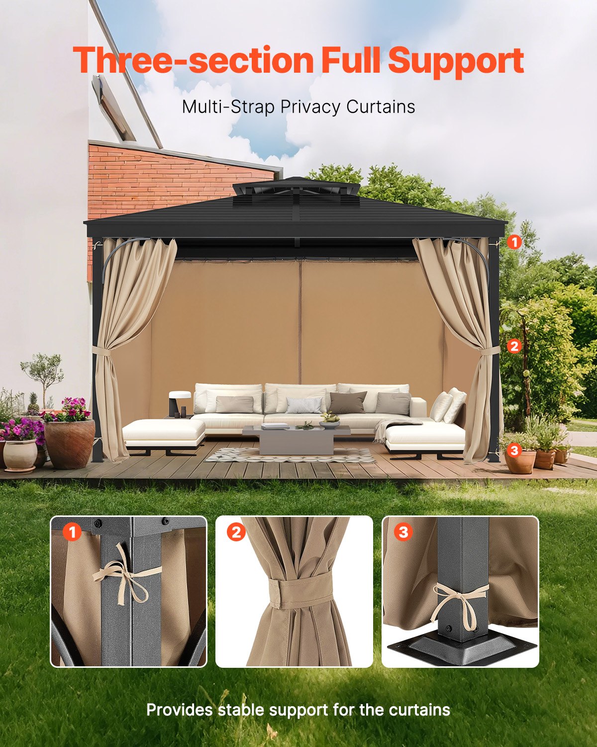 Gazebo Curtains Outdoor, 12' x 10' x 7.3' Gazebos, 4-Panel Sidewall Gazebo Privacy Curtains with Zippers, Outdoor Curtain Replacement for Patio Canopy, Only Curtain, Khaki