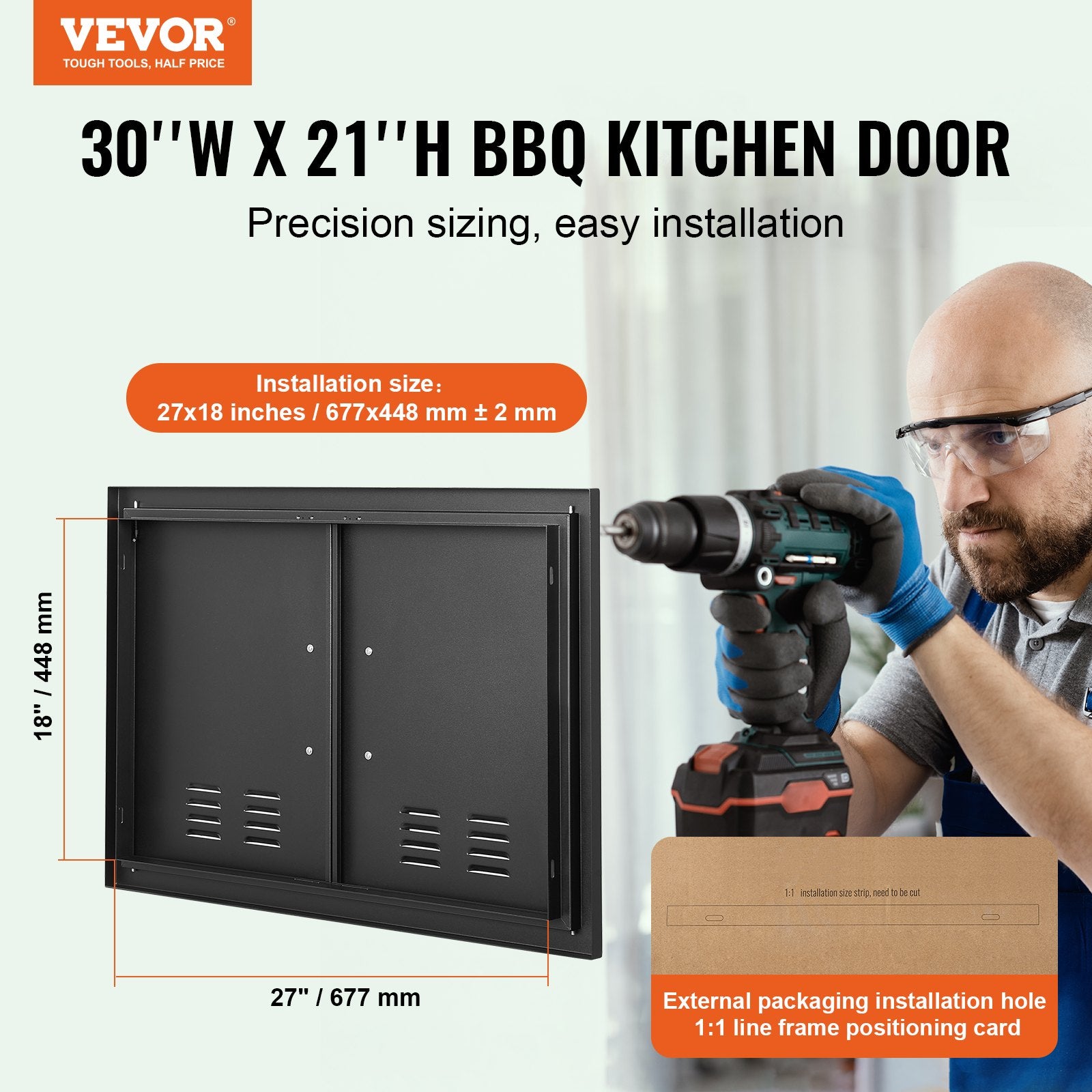 BBQ Access Door,762 x533 mm Double Outdoor Kitchen Door, Cold Plate Flush Mount Door, Wall Vertical Door with Handles and Ventss, for BBQ Island, Grilling Station, Outside Cabinet