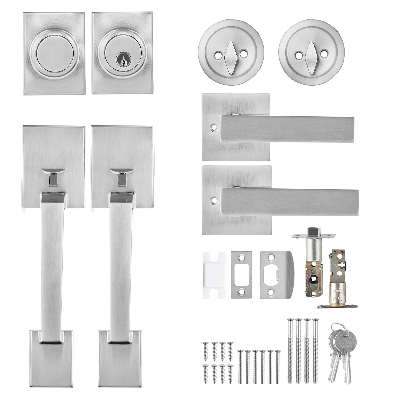 Double Front Door Handle Set Satin Nickel Square Lever Lock with Dummy