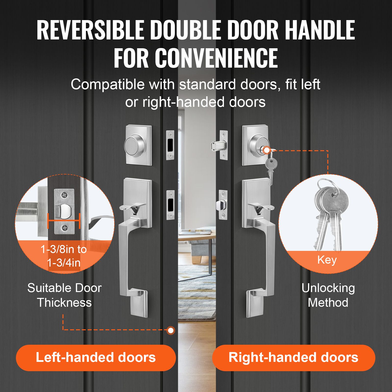 Double Front Door Handle Set Satin Nickel Square Lever Lock with Dummy